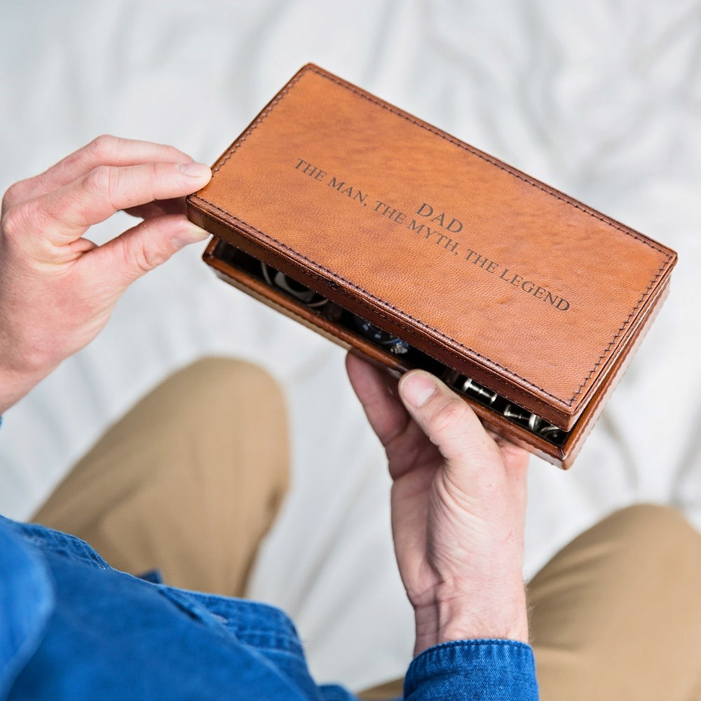 Leather cufflink box personalised with Dad, The Man , The Myth, The Legend. A timeless and classic gift for any type of dad on as a Fathers Day gift.