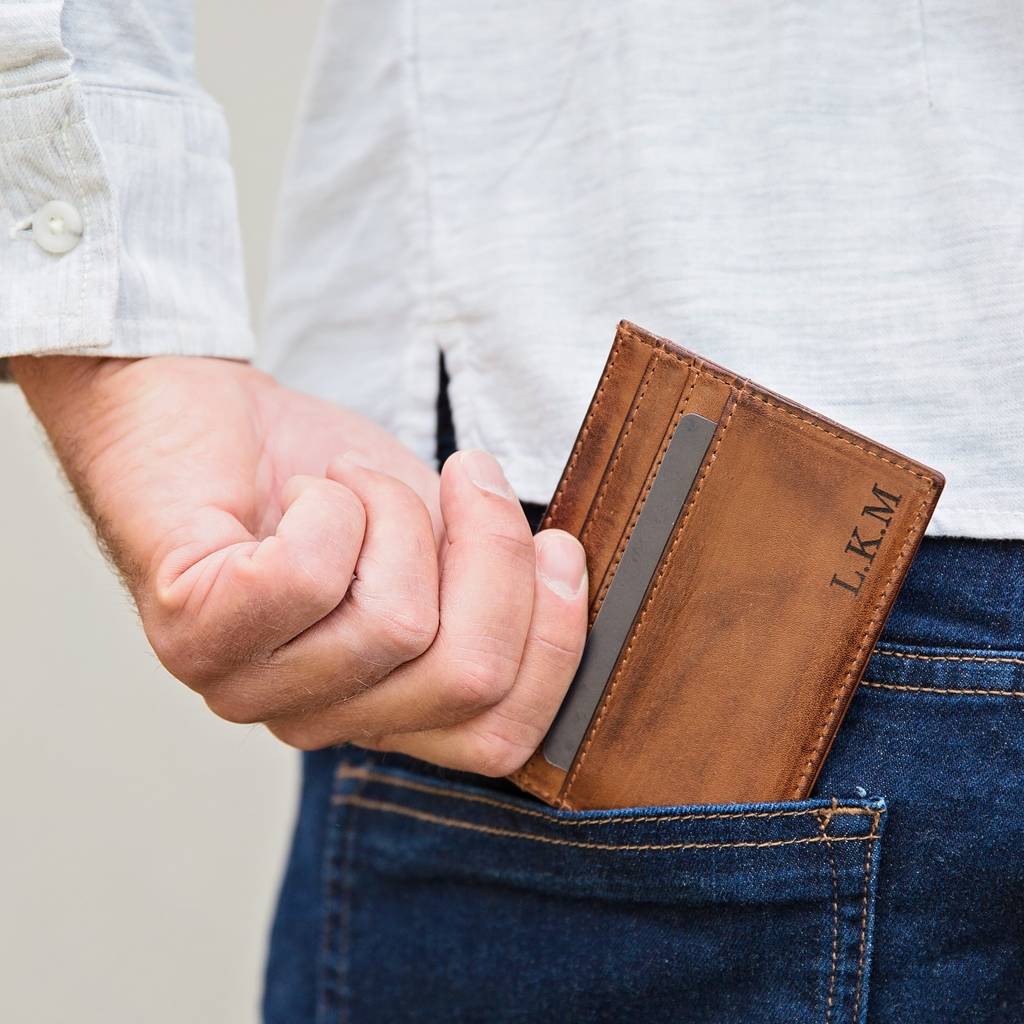 Soft tan leather RFID credit card holder. Personalise as a thoughtful gift for a 3rd wedding anniversary, or a first Father’s Day gift.