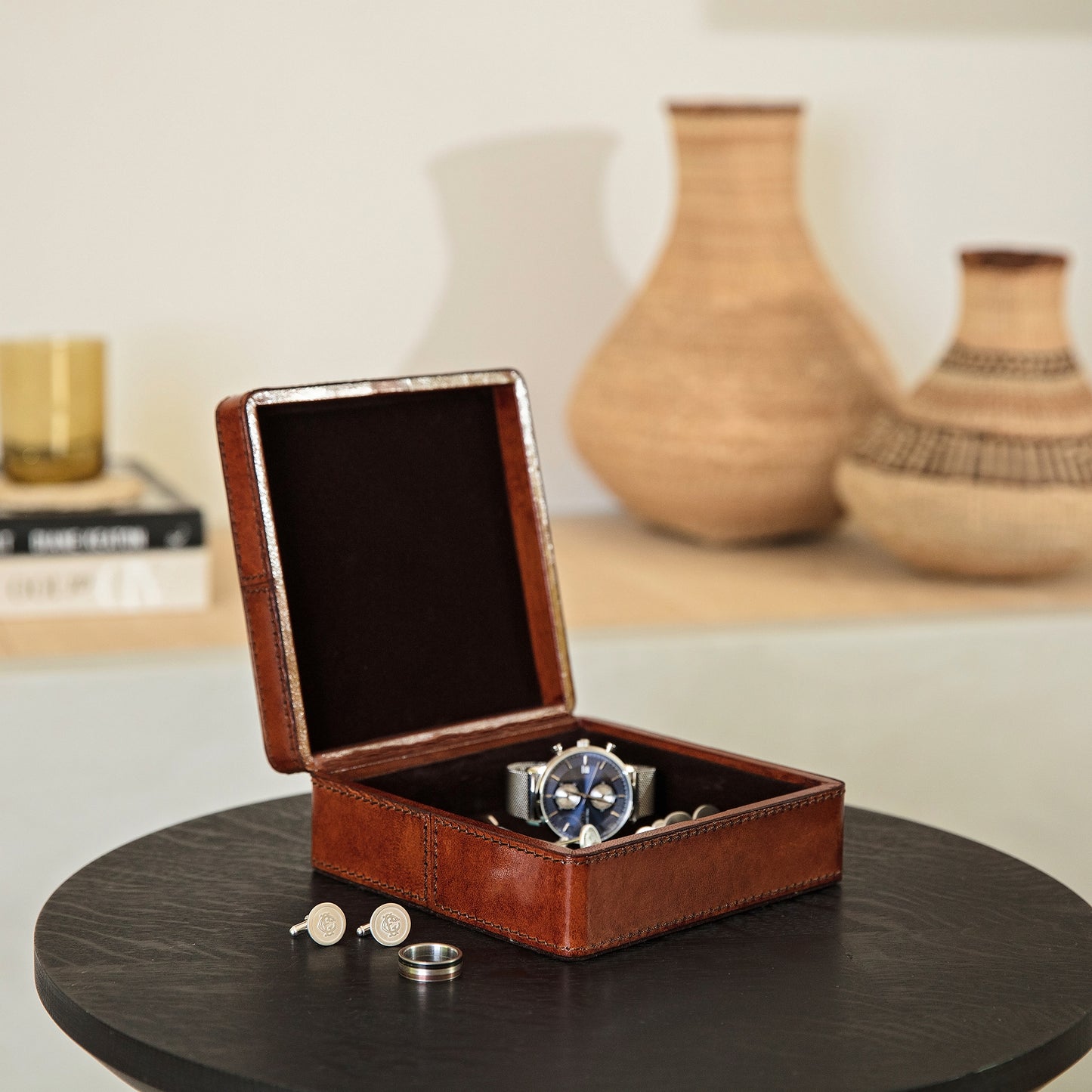 Square leather cufflink box in tan, to hold cufflinks, rings, a watch and bracelet. Personalised as a timeless gift for an 18th birthday or as a retirement gift for him.