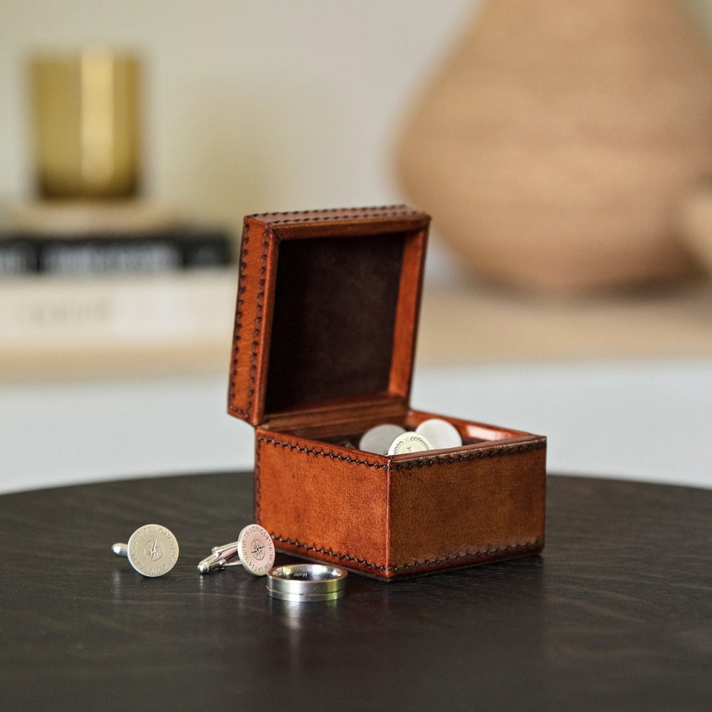 Square small cufflink box in tan leather, can be personalised as a timeless gift for a special birthday or as a best man gift.