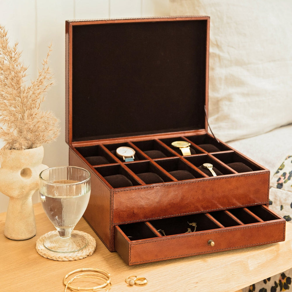 Large rectangular leather watch and jewellery box with ten removeable watch pillows and a drawer below with suede lined compartments. Personalise as a unique wedding day gift.