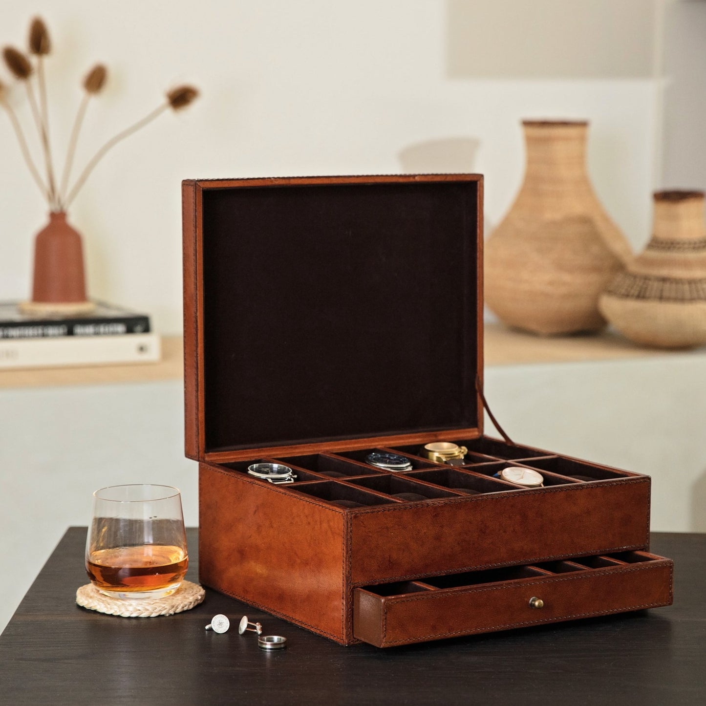 Large rectangular leather watch box with space for ten watches on removeable pillows and a drawer below with suede lined compartments. Personalise as a unique wedding day gift.