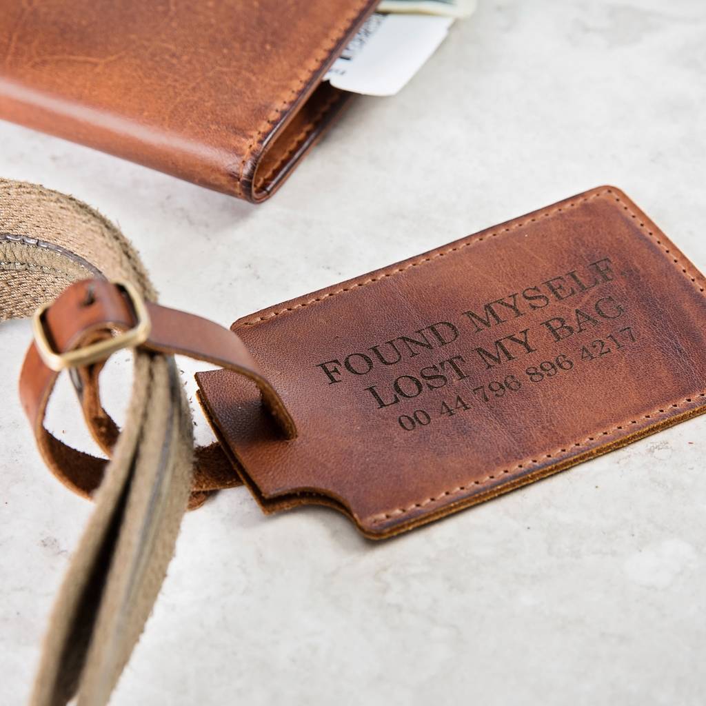 Rectangular leather luggage tag, made from buttery soft tan leather. Personalise with initials, contact details or a message as a thoughtful wedding gift, or 18th birthday gift idea for him.