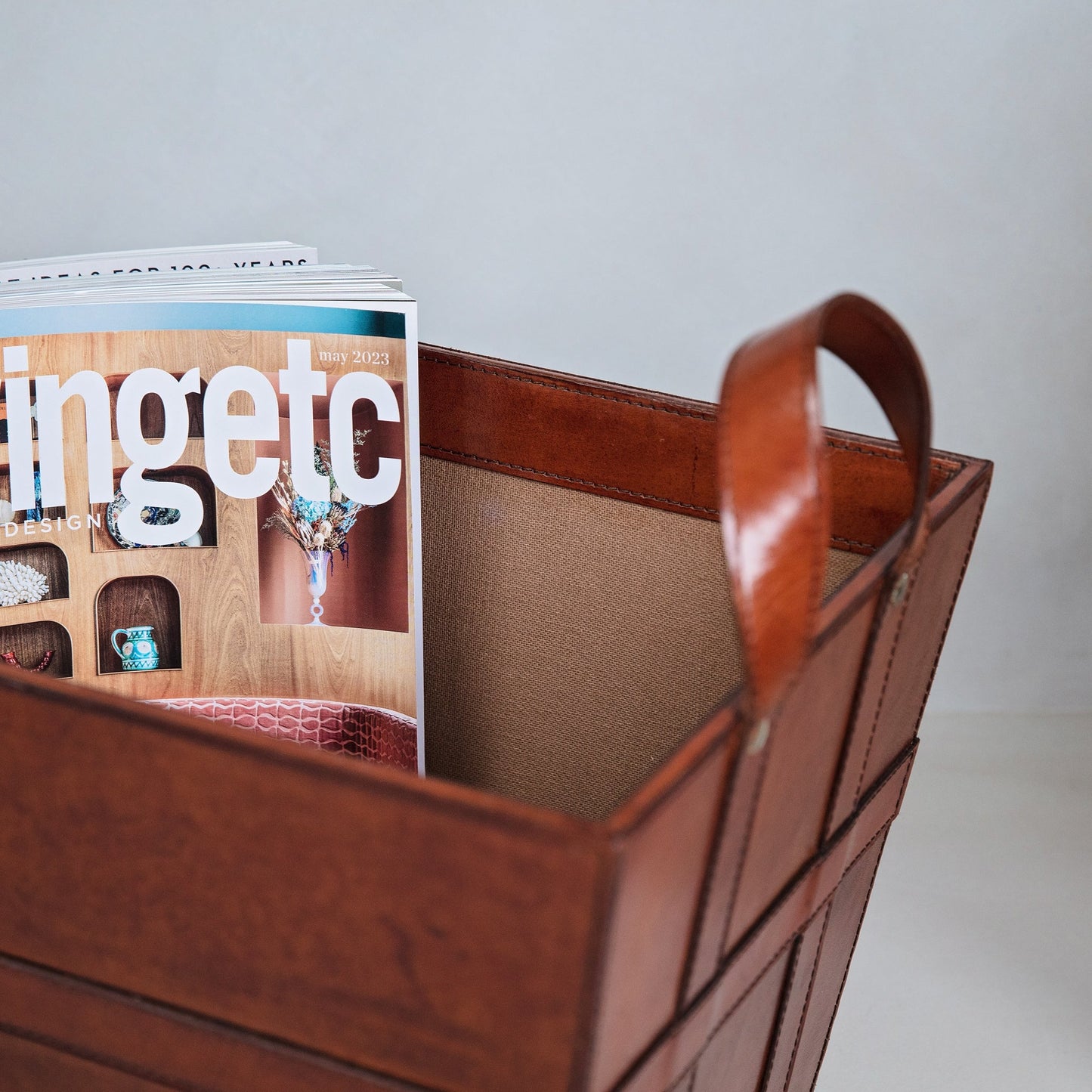 Leather Magazine Basket - Tan