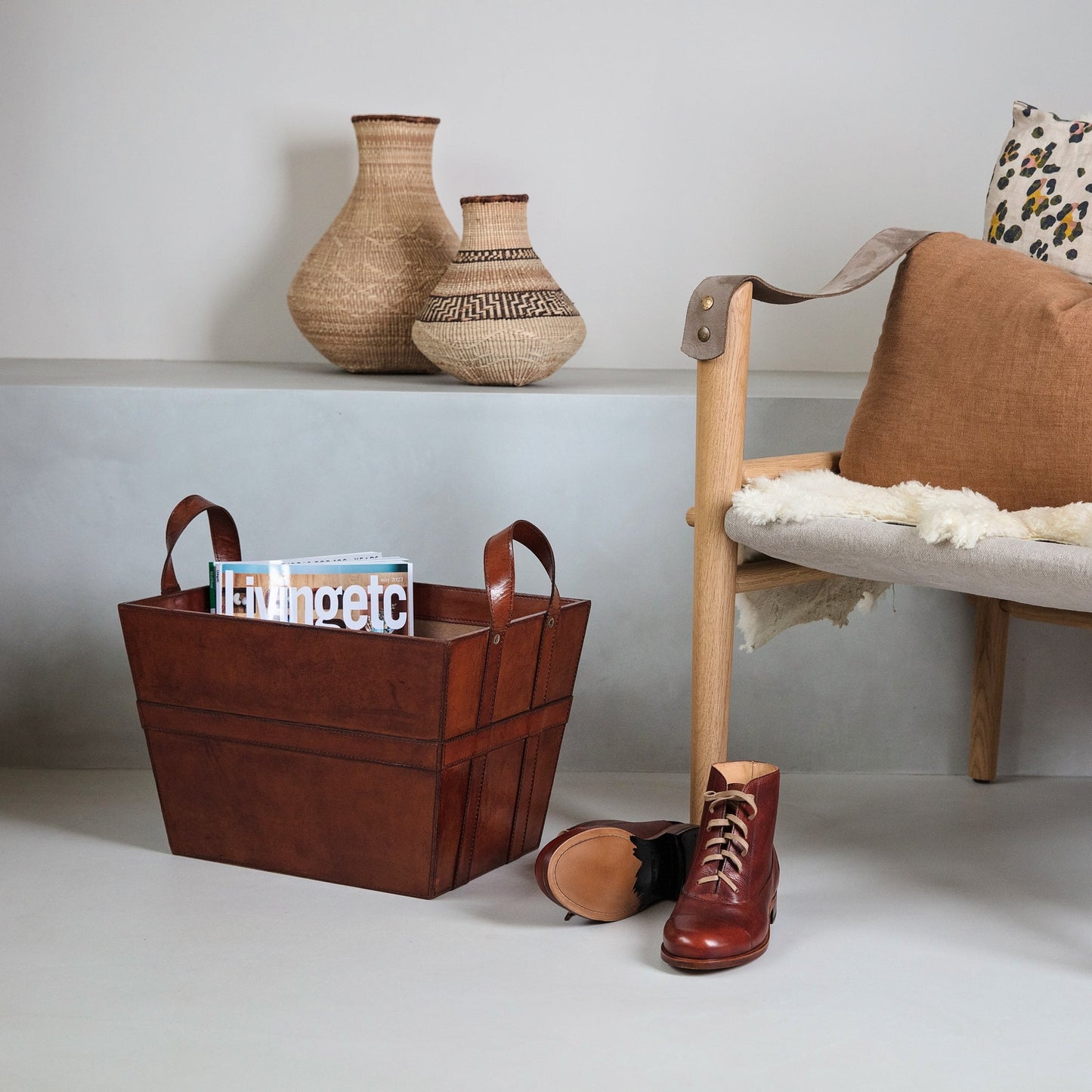 Leather Magazine Basket - Tan