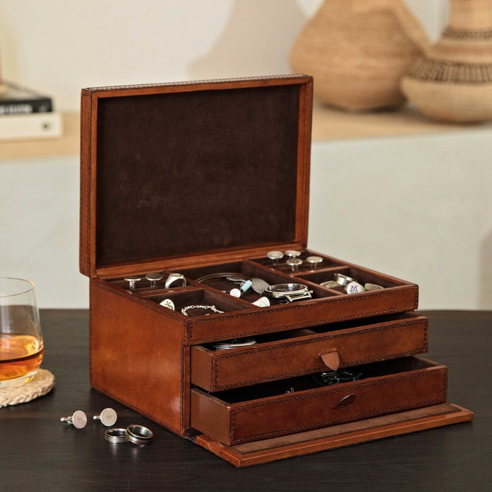 Large rectangular tan leather watch box with lid, ring cushions and space for necklaces, bracelets, watches and cufflinks. Add a name, date or message to create a thoughtful personalised gift for a 40th birthday.