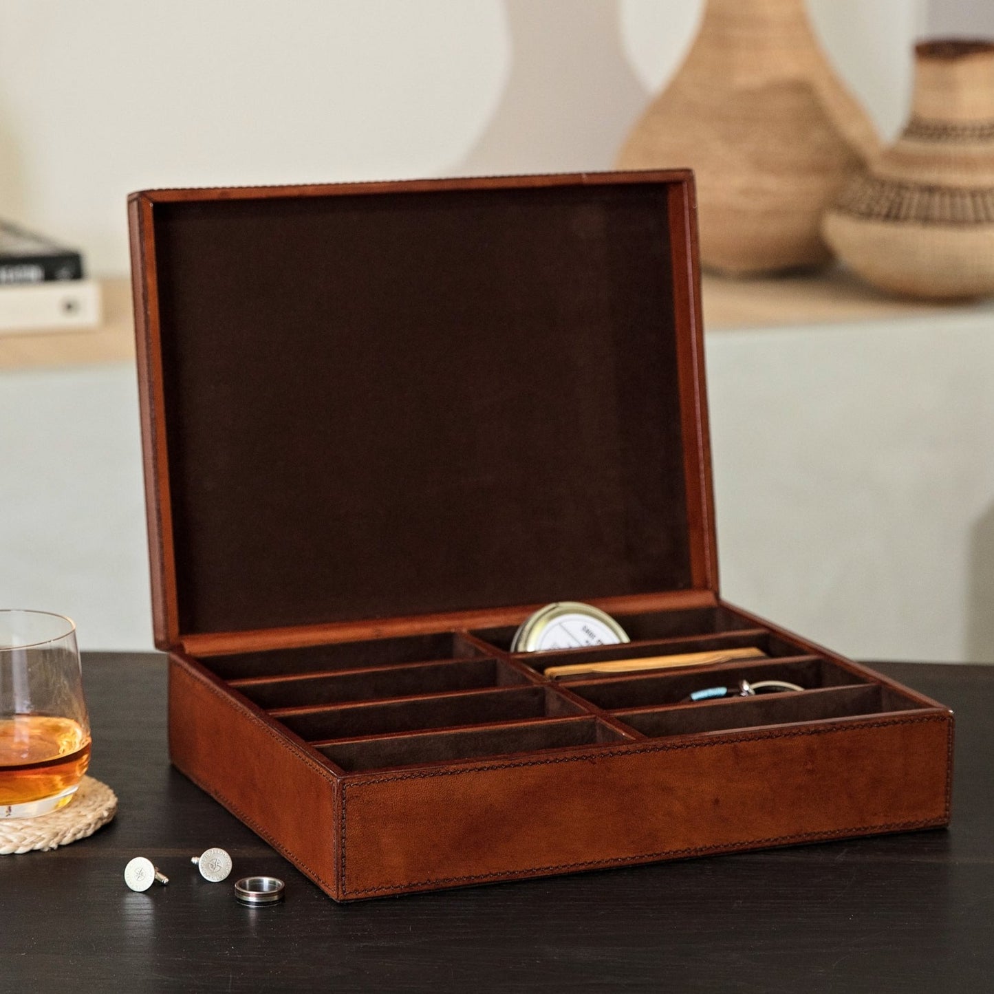 Rectangular men’s accessories box in tan leather, with six compartments lined with micro suede. Personalise with a name or date as a unique 18th birthday gift for him.