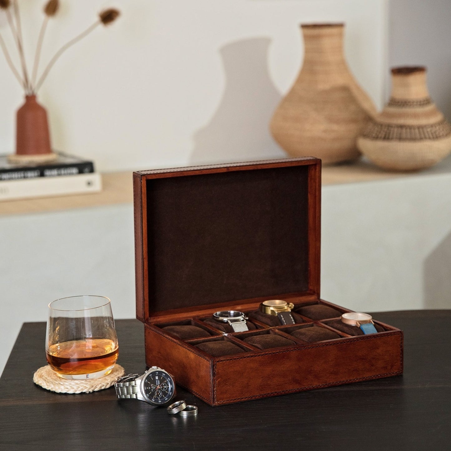 Large rectangular tan leather watch box with space for eight watches on removeable soft pillows. Personalise as a thoughtful gift for him for a 50th birthday or anniversary.