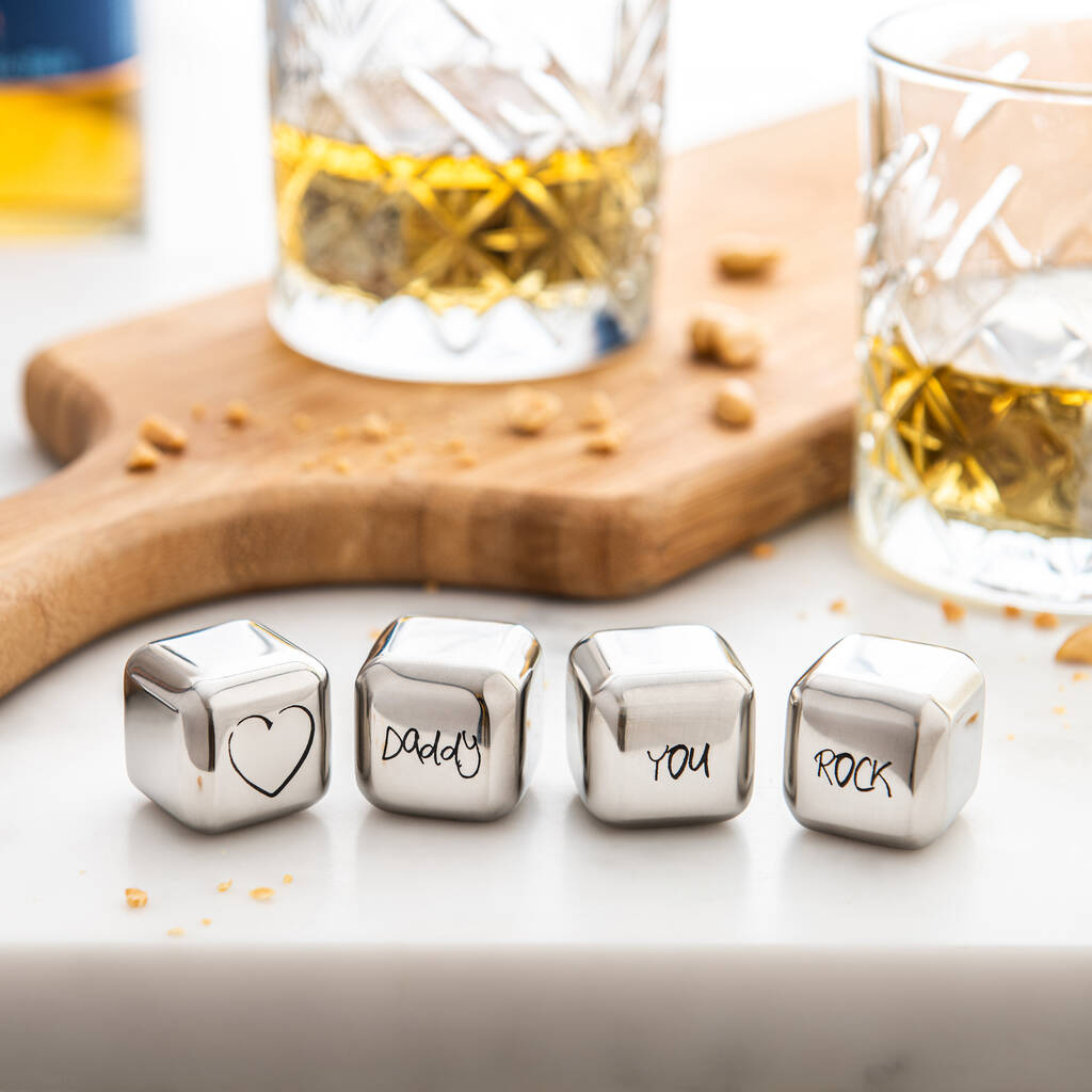 Set of four personalised stainless steel ice cubes. Add initials, names or dates to create a thoughtful Father’s Day or Christmas gift.