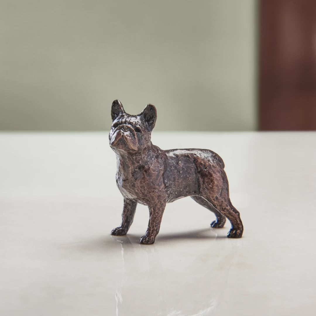 Load and play video in Gallery viewer, Miniature bronze french bull dog statue. Ideal gift for a dog loving husband as an 8th wedding anniversary gift.
