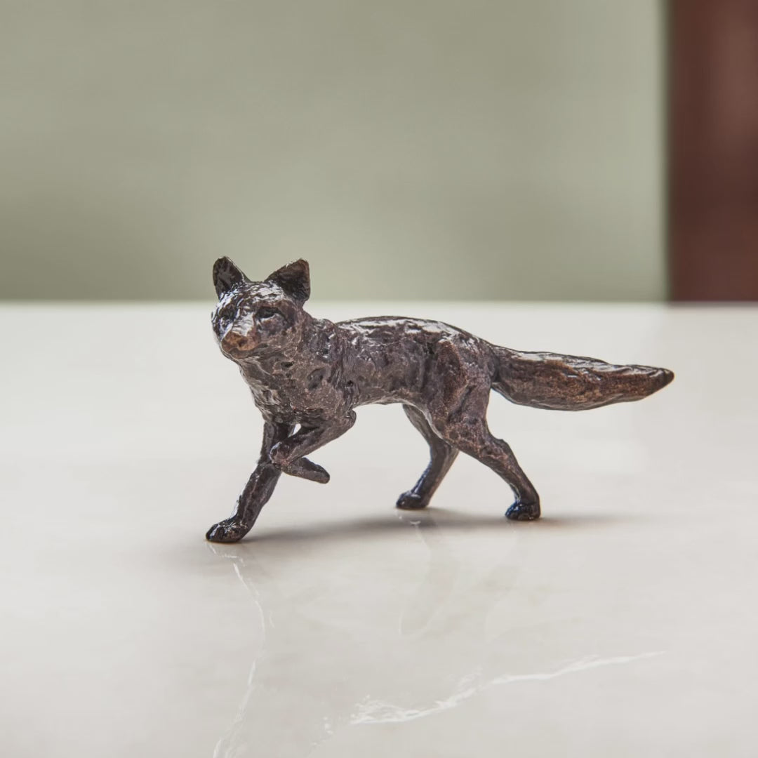 Load and play video in Gallery viewer, Miniature bronze figurine of a fox. Ideal as a bronze anniversary gift or thoughtful birthday gift.