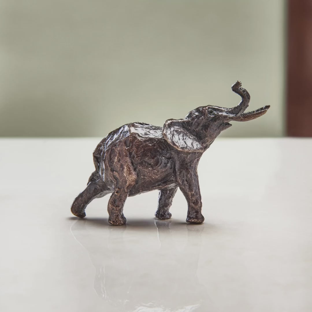 Load and play video in Gallery viewer, Miniature bronze figurine of an elephant. Give as a bronze anniversary gift or thoughtful birthday gift.