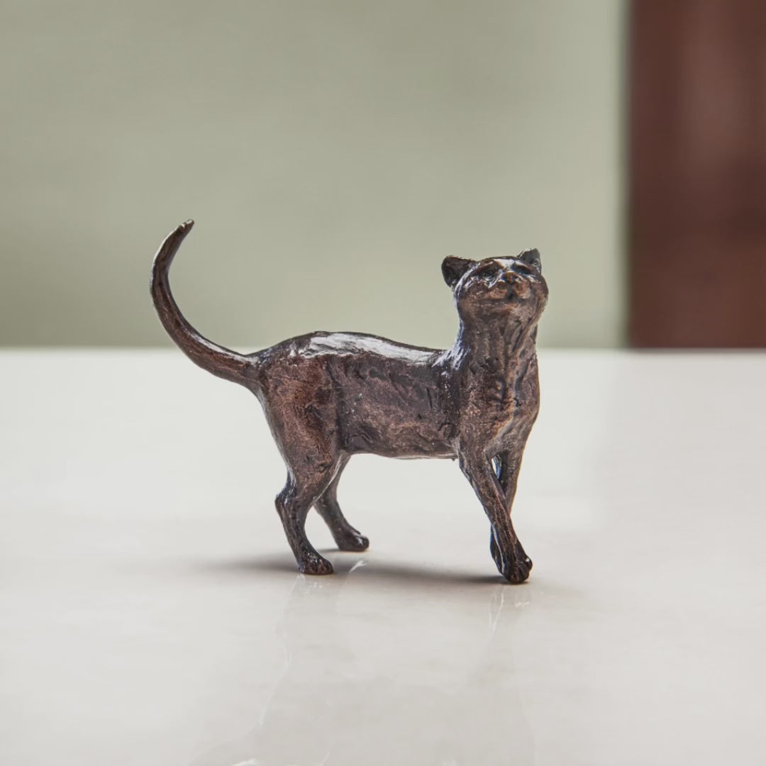 Load and play video in Gallery viewer, Miniature bronze figurine of a cat walking with its head held high. A perfect bronze anniversary gift.