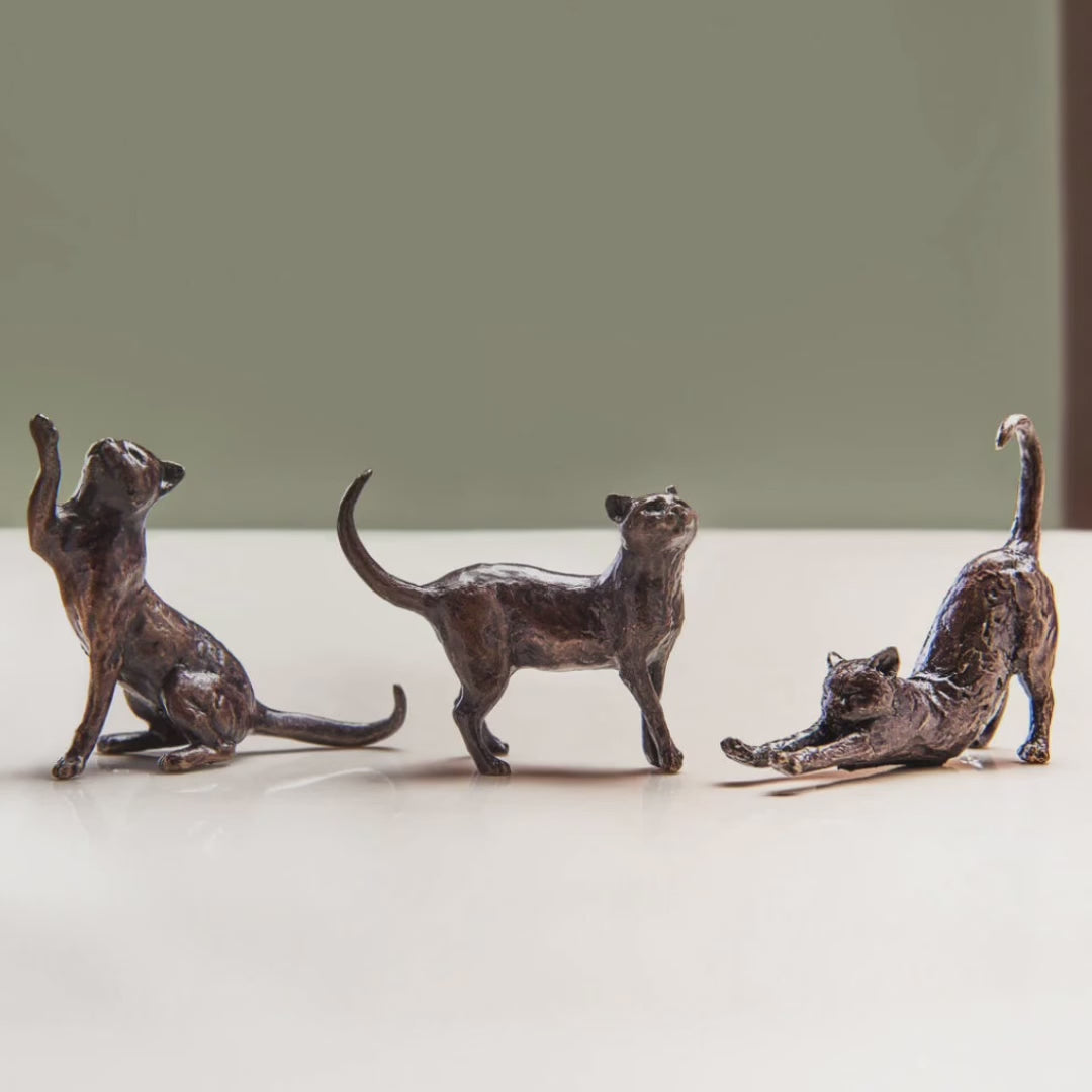 Load and play video in Gallery viewer, Gift set of three miniature bronze cat figurines stretching, sitting and standing. Ideal as a thoughtful birthday or bronze anniversary gift.