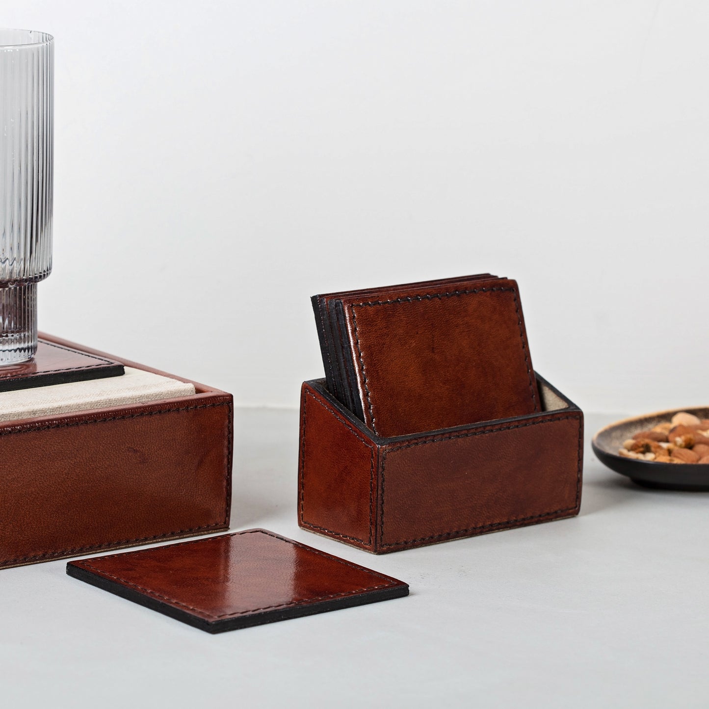 Set of six square leather coasters in a holder. Can be personalised to create a unique third anniversary, Father's Day or retirement gift.