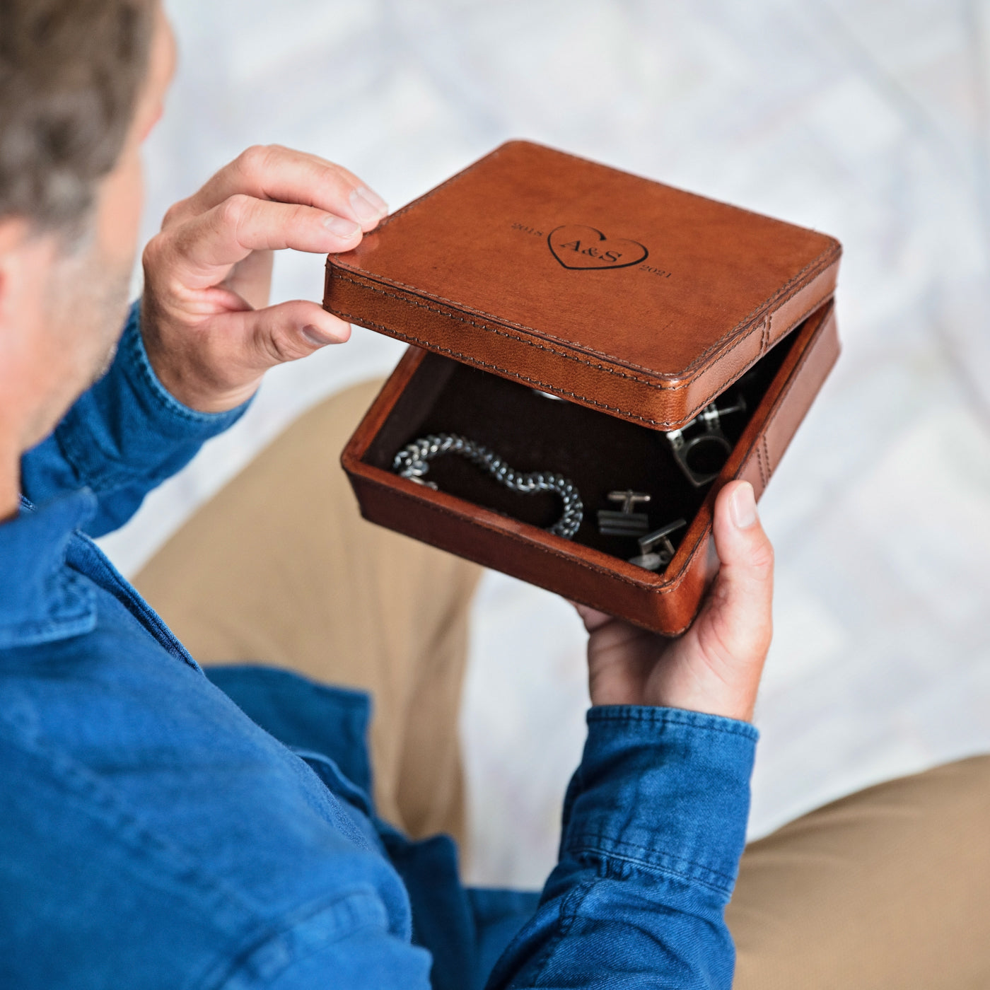 Leather Anniversary Cufflink Box - Square
