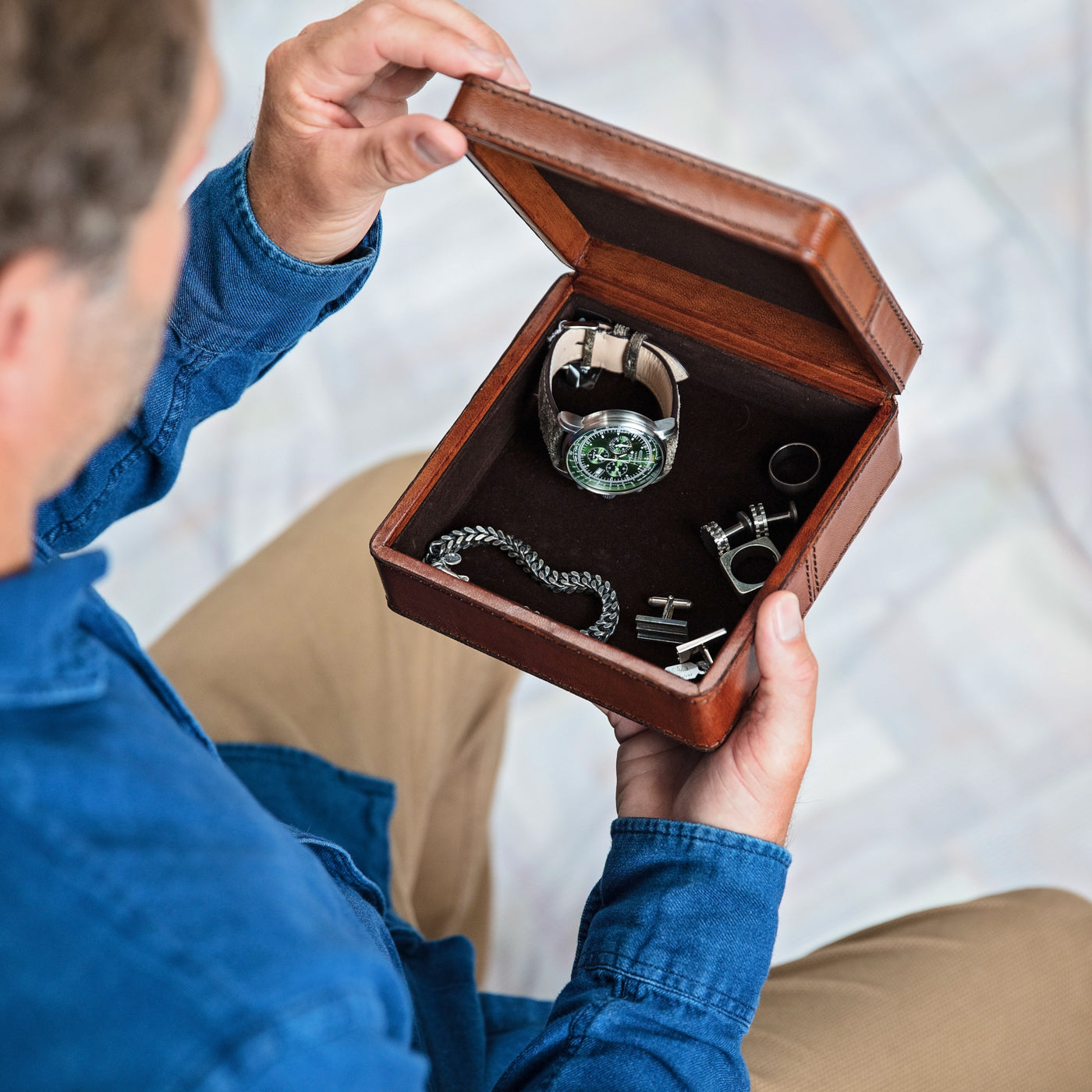 Leather Anniversary Cufflink Box - Square