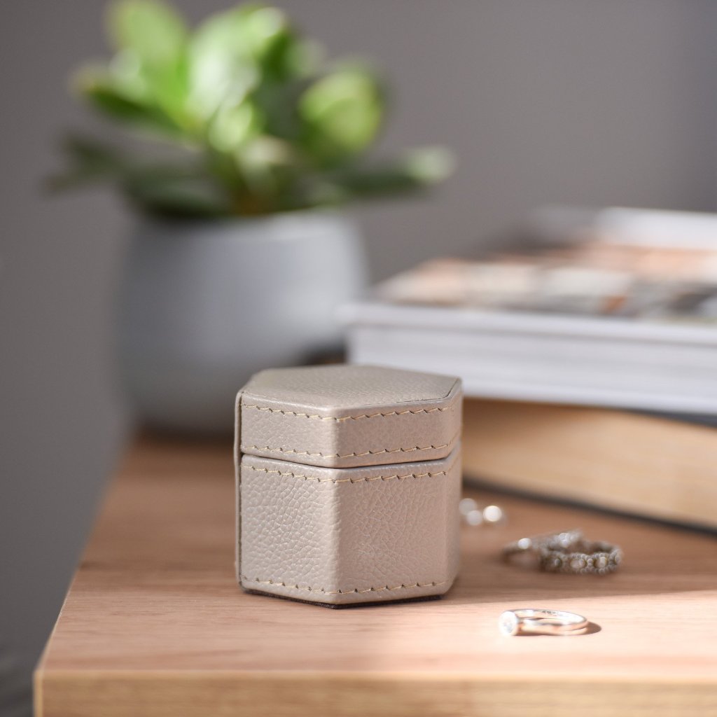 Ladies Hexagonal Leather Ring Box - Stone