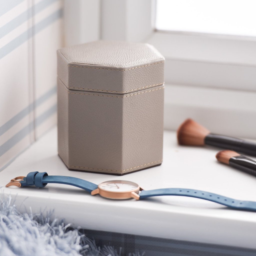 Ladies Hexagonal Leather Watch Box - Stone