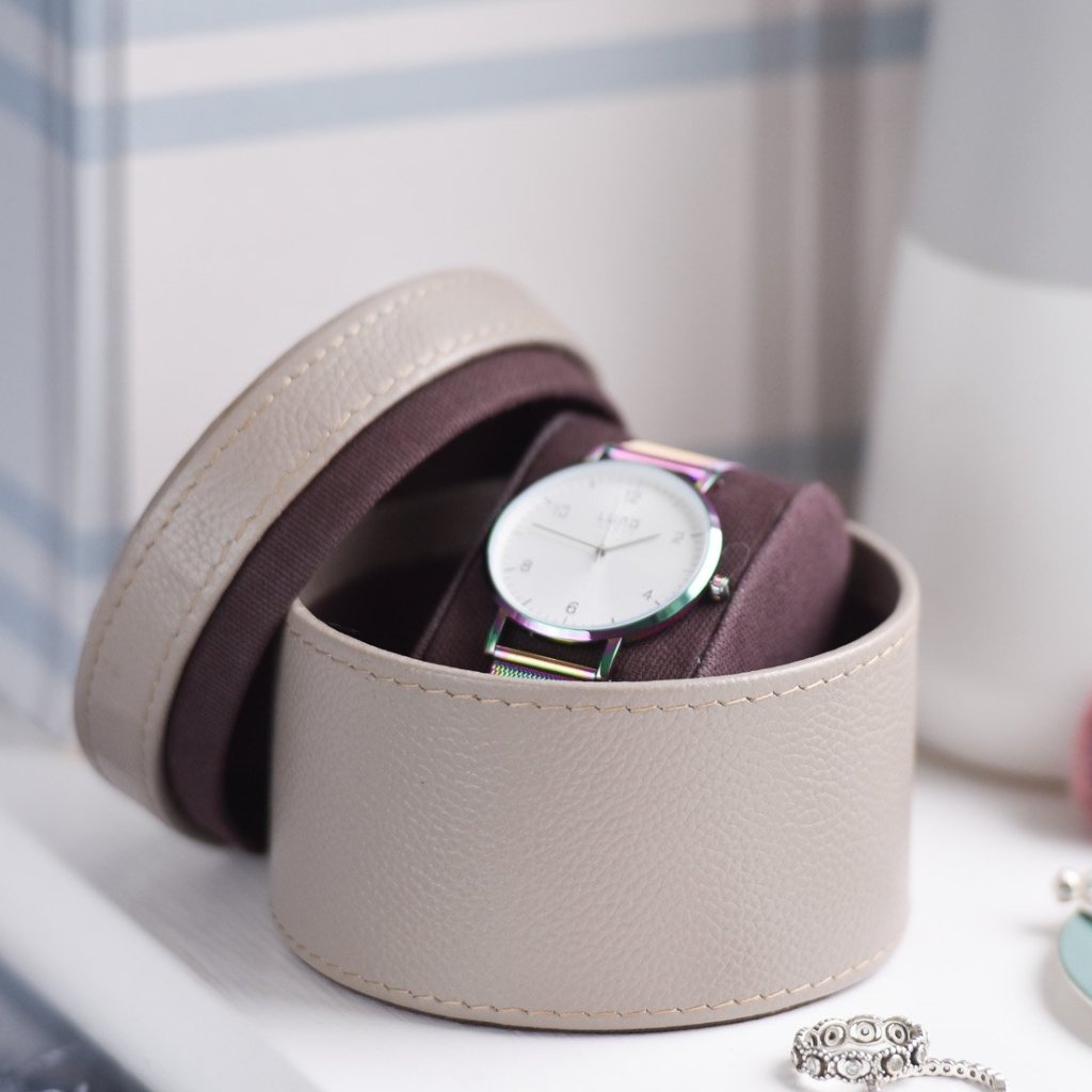 Leather Watch Box Round - Stone