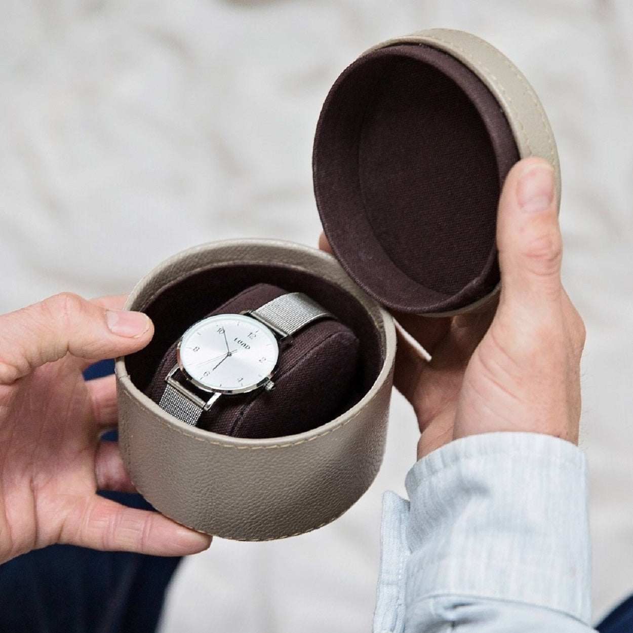 Leather Watch Box Round - Stone