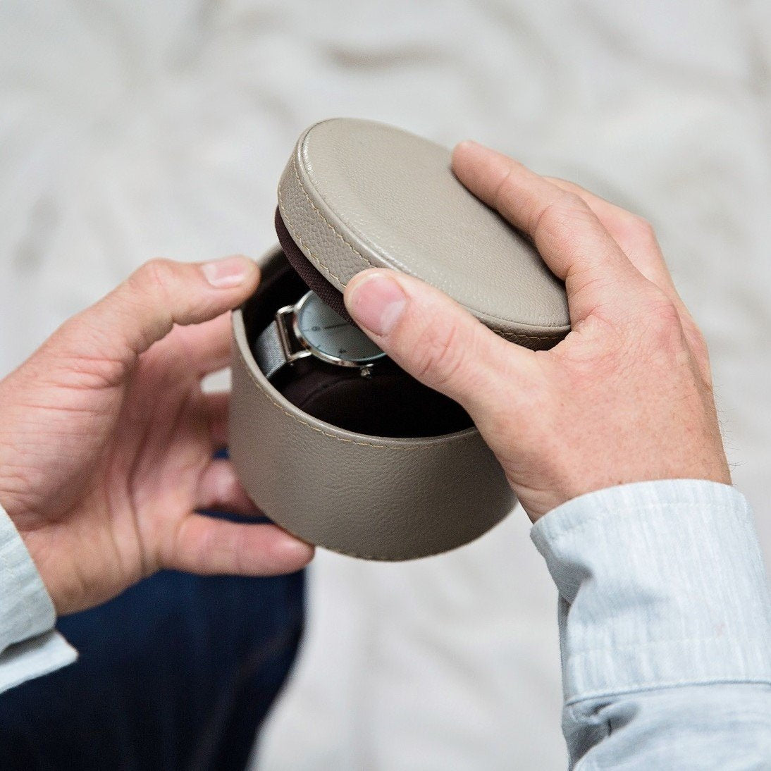 Leather Watch Box Round - Stone