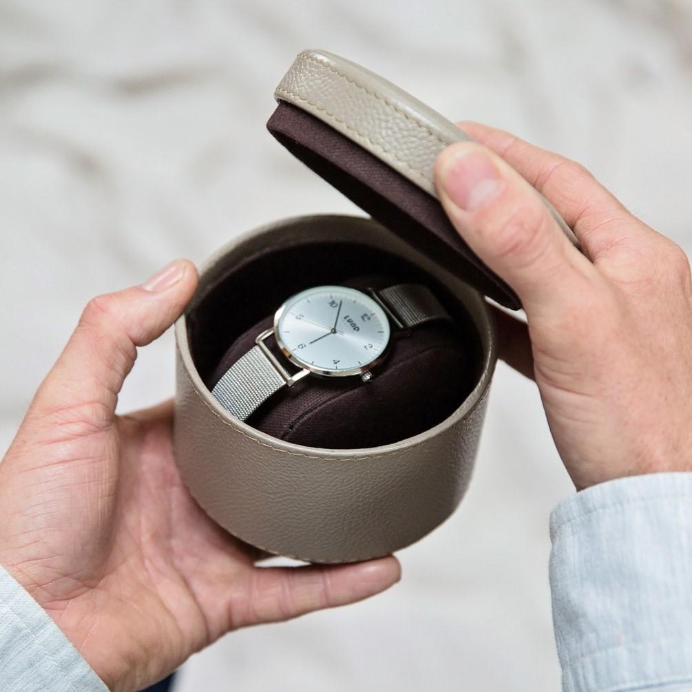 Leather Watch Box Round - Stone