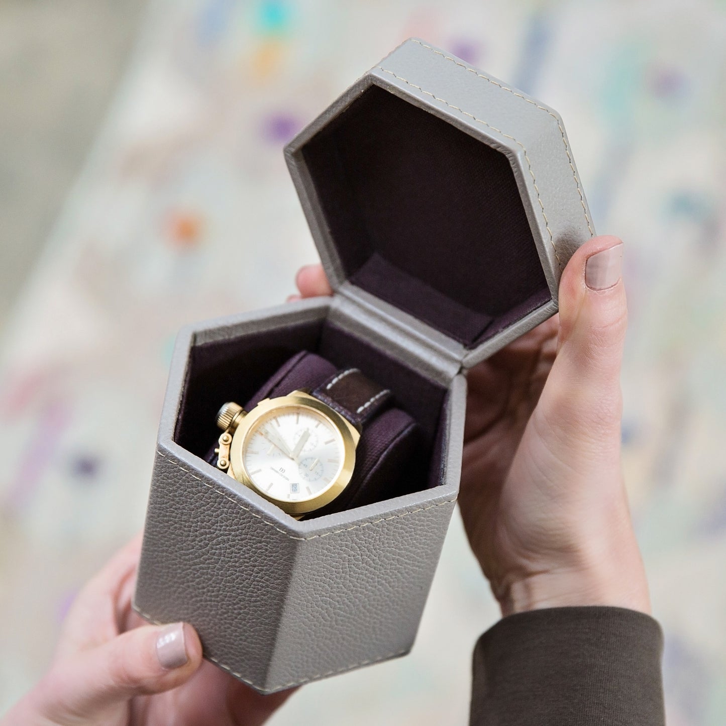 Ladies Hexagonal Leather Watch Box - Stone