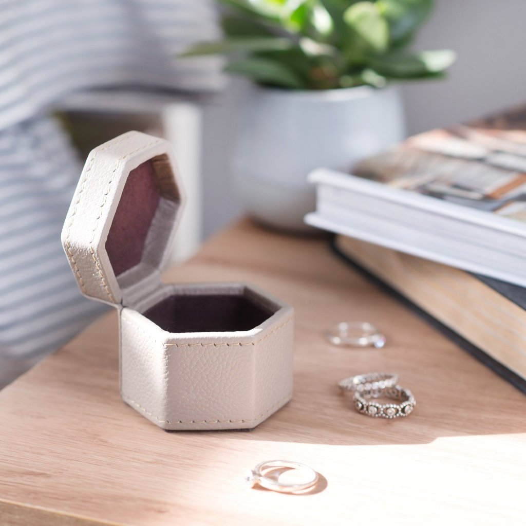 Ladies Hexagonal Leather Ring Box - Stone