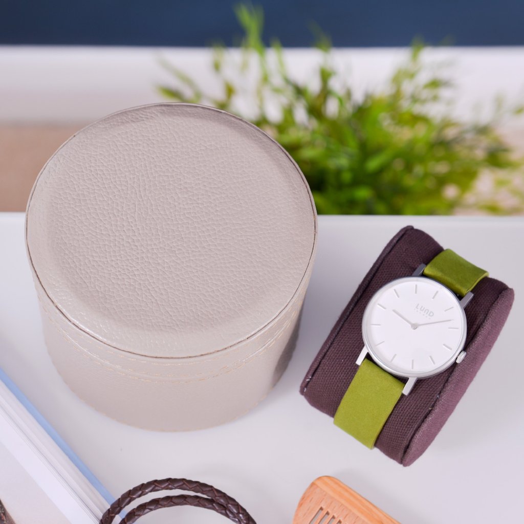 Leather Watch Box Round - Stone