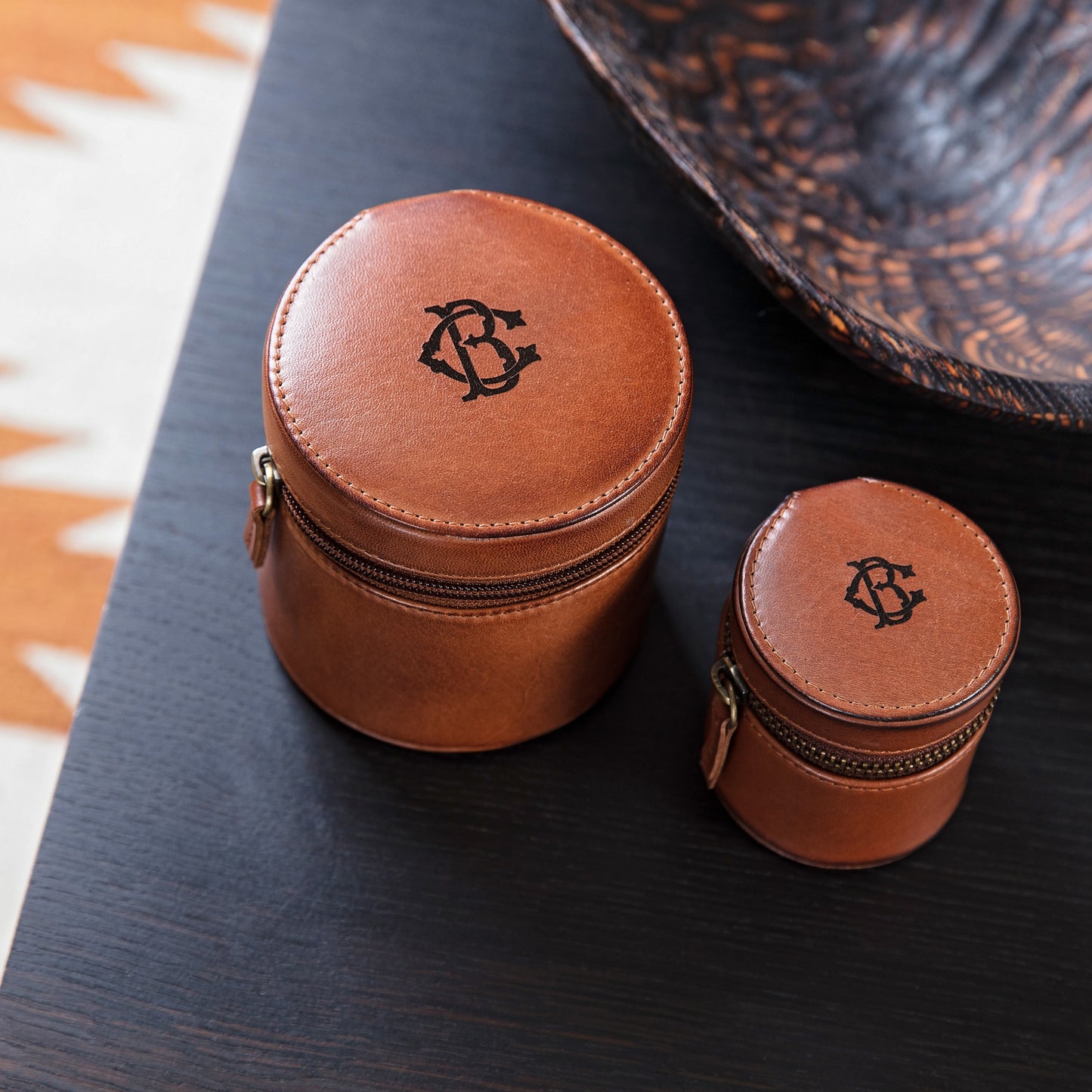 
                  
                    Monogram Leather Travel Jewellery Case Set - Round
                  
                