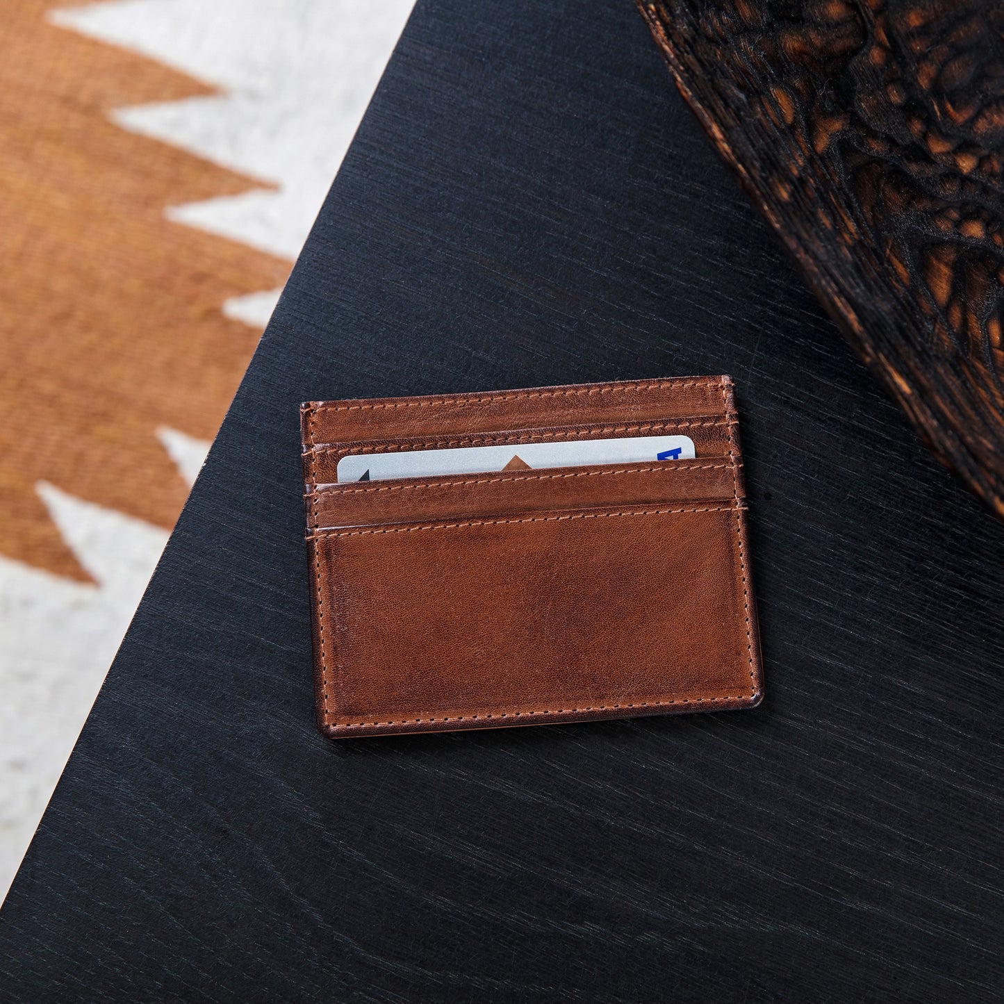 Soft tan leather RFID credit card holder. Personalise as a thoughtful gift for a 3rd wedding anniversary, or a first Father’s Day gift.