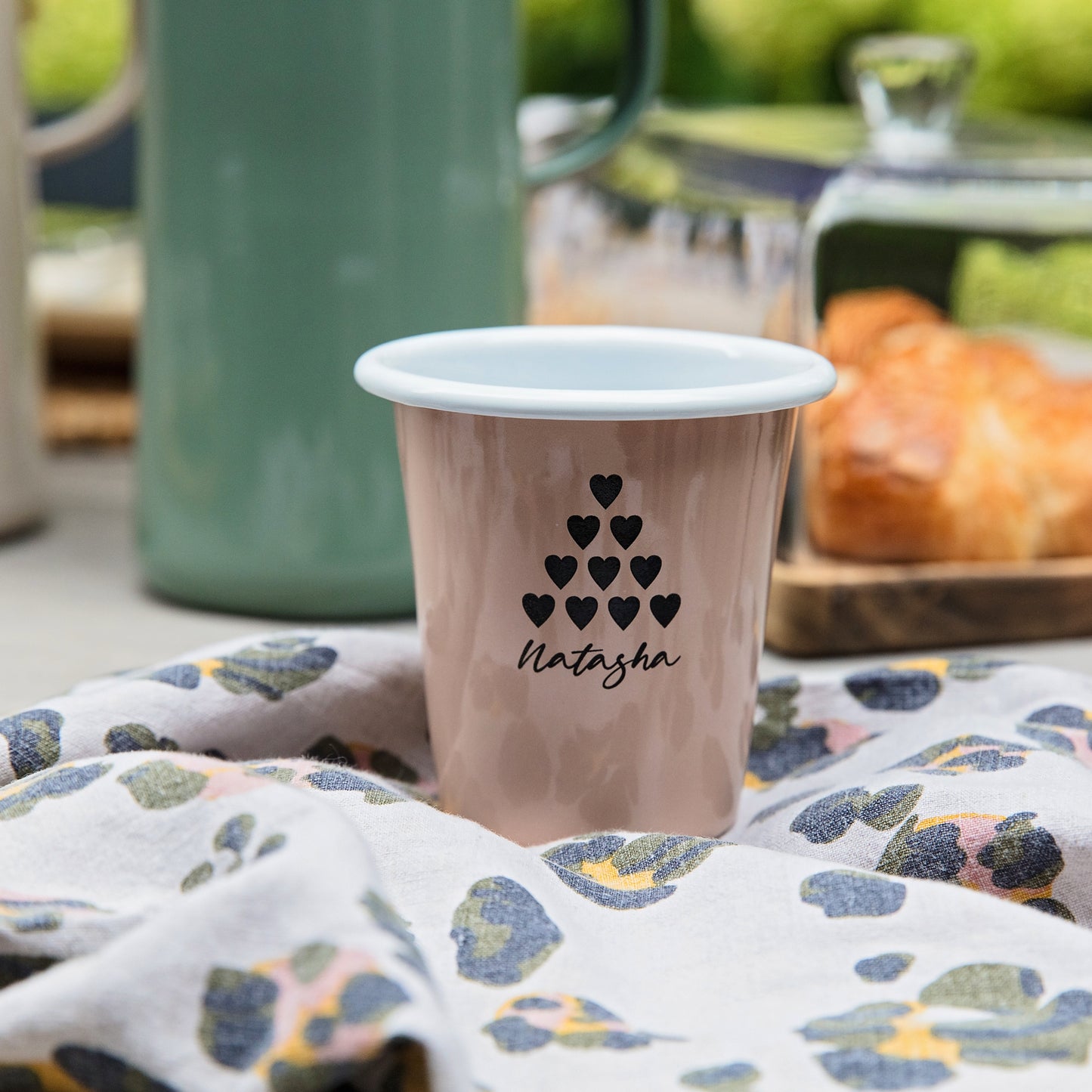 Falcon enamel tumbler in pink with personalised name and love hearts, perfect for Valentines Day or tin anniversary.