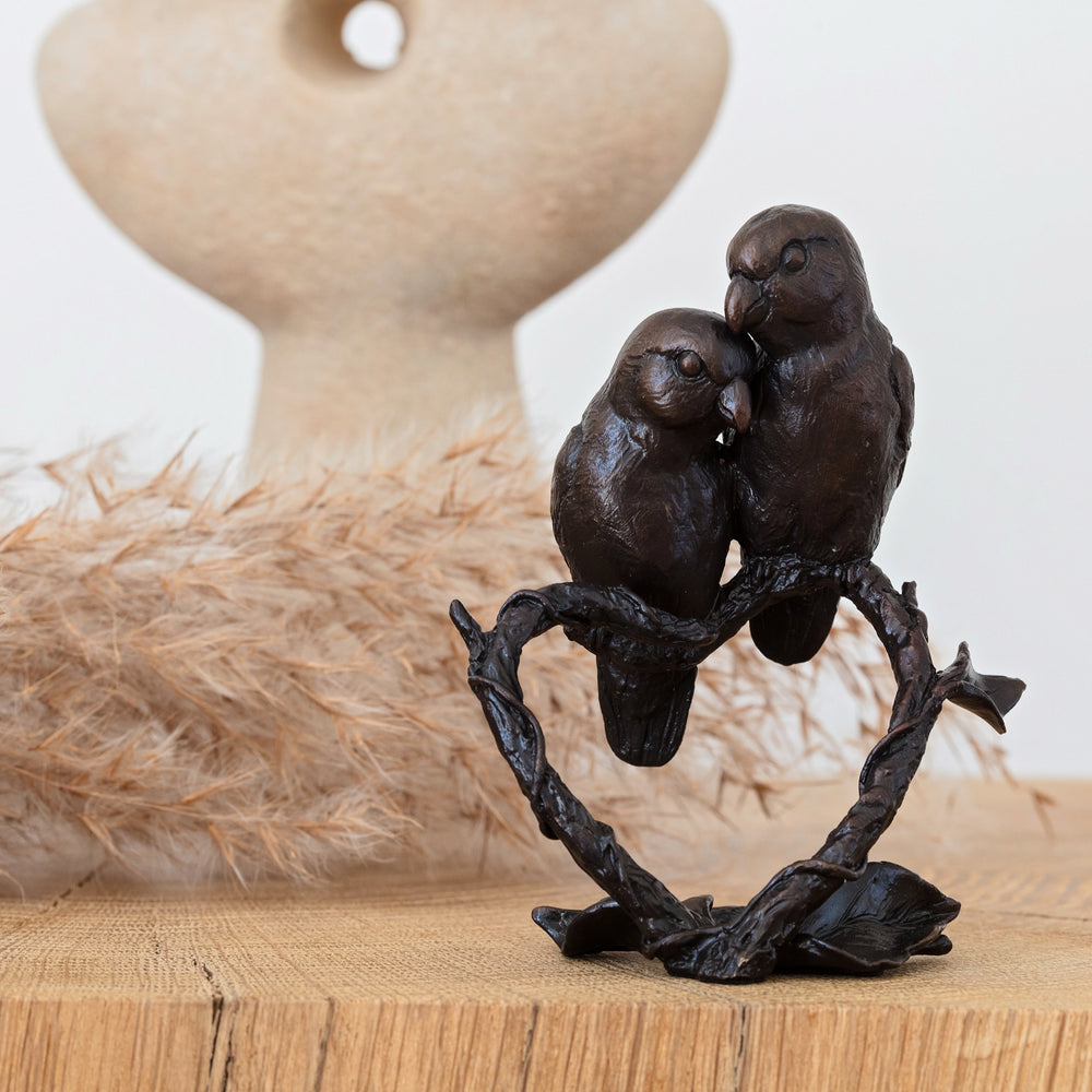 Solid bronze figurine of two lovebirds on a branch. Bronze anniversary gift for him or her.