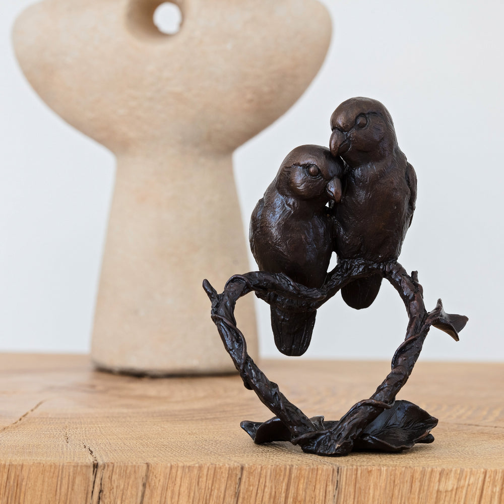 Solid bronze figurine of two lovebirds on a branch. Bronze anniversary gift for him or her.