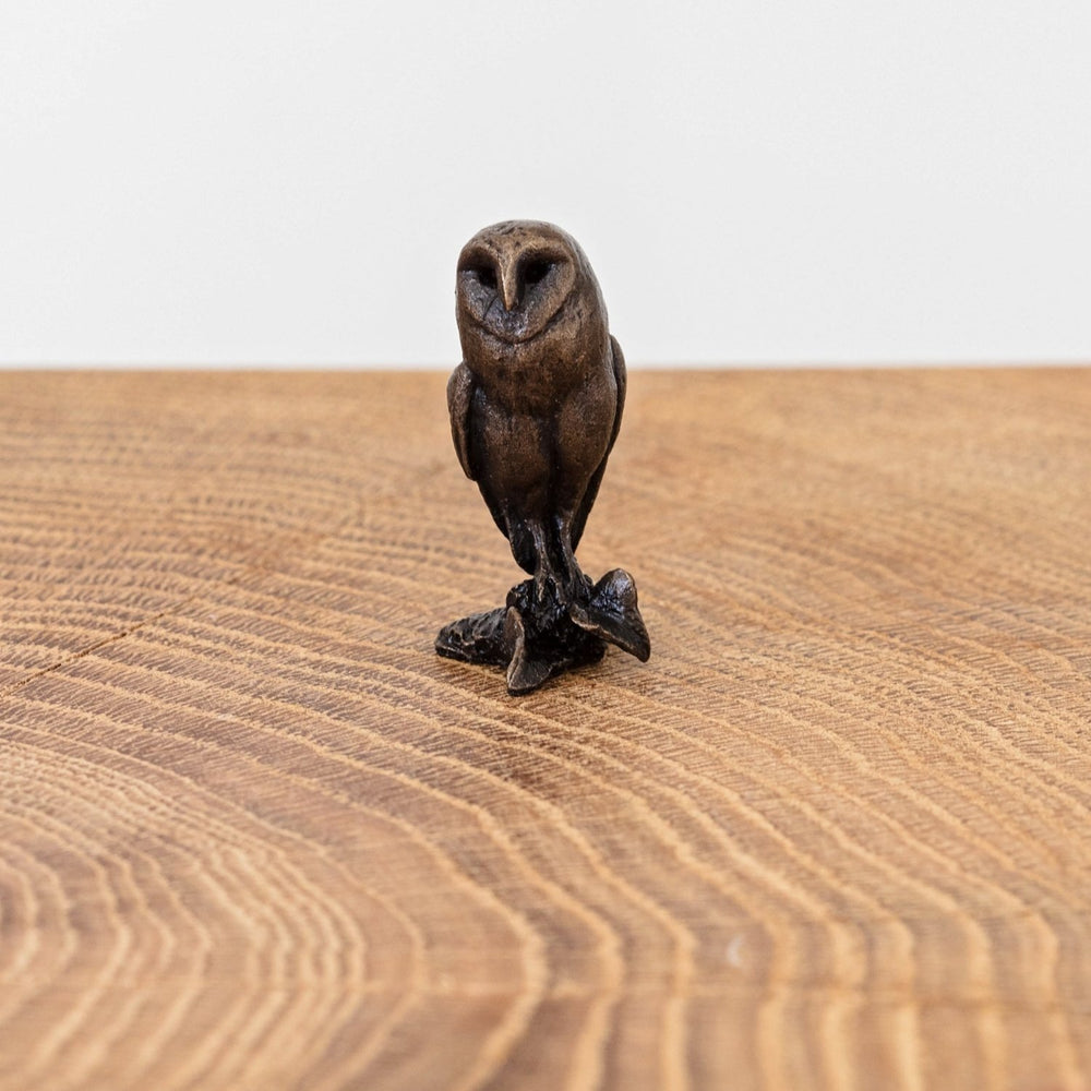 Miniature bronze figurine of a wide-eyed barn owl. A perfect bronze anniversary gift.