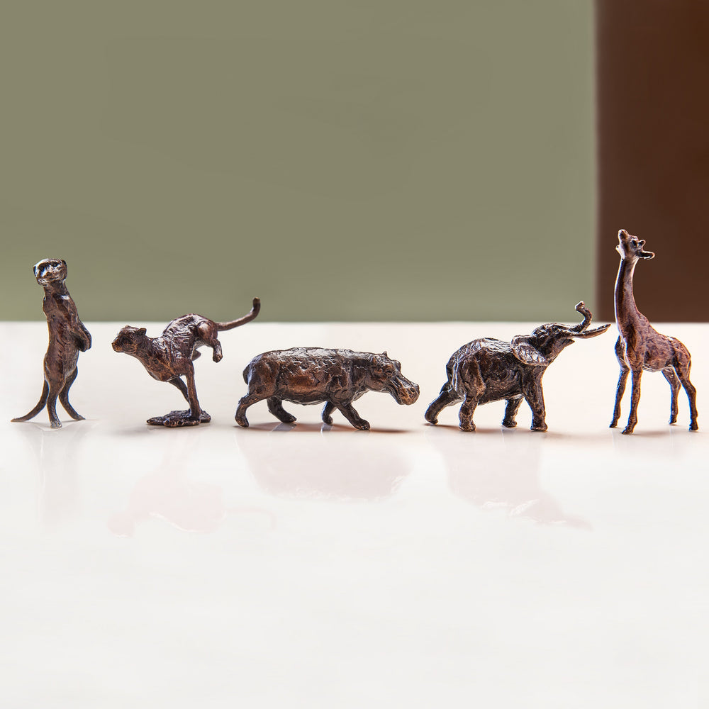 Gift set of five miniature bronze figurines from the African plains, including a hippo, elephant, cheetah, giraffe and meerkat. Ideal as a thoughtful wedding or bronze anniversary gift for an animal loving couple.