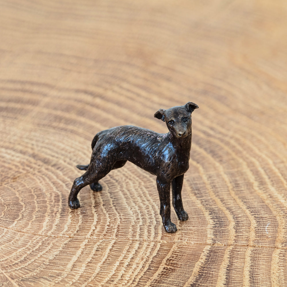 
                  
                    Miniature bronze sculpture of a loveable lurcher, ideal as a thoughtful bronze 8th anniversary gift or birthday gift.
                  
                