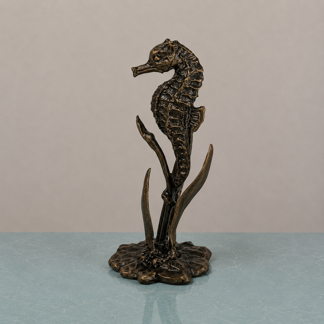 
                  
                    A solid bronze seahorse sculpture standing on a leafy base, against a plain light gray background with a pale blue surface below.
                  
                