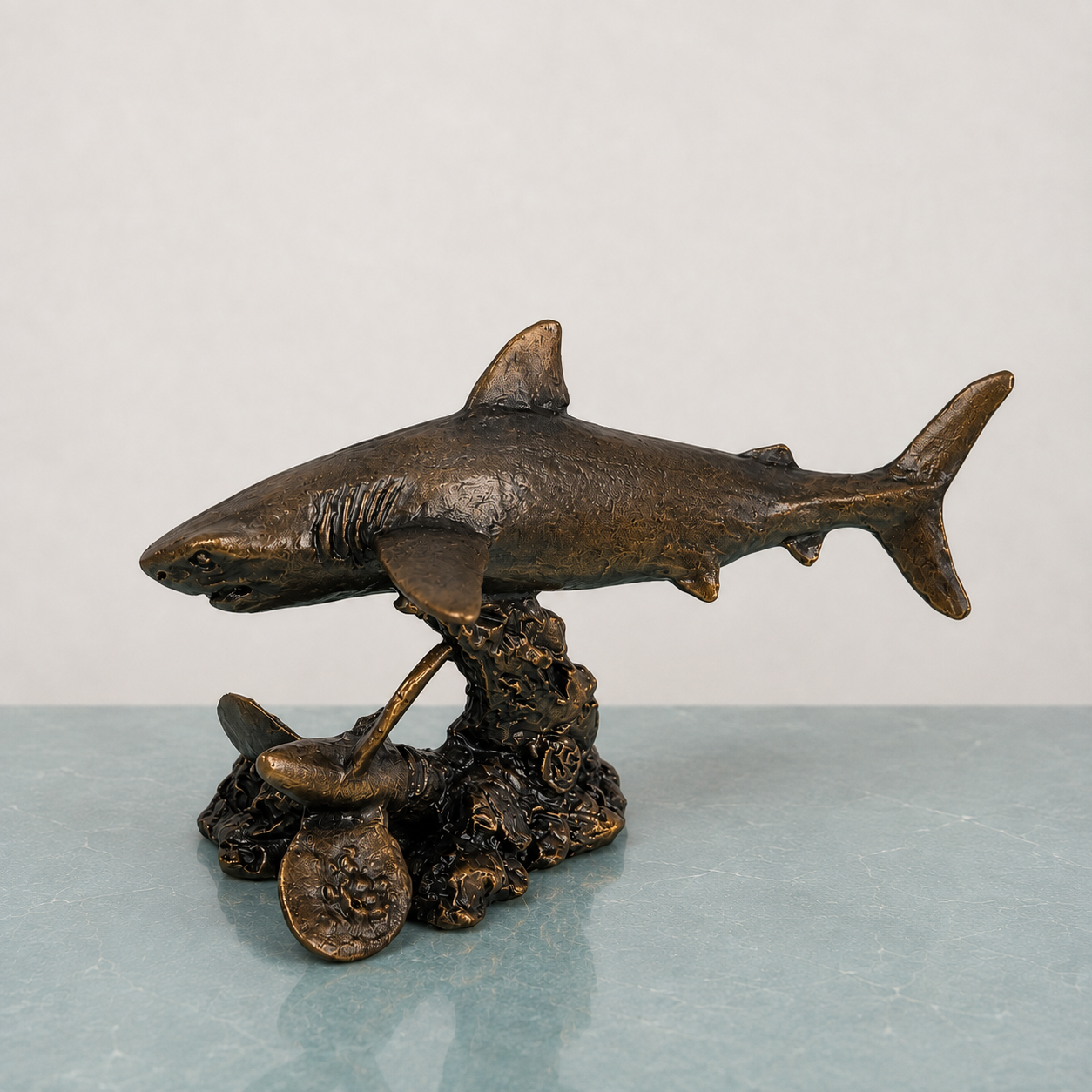 
                  
                    Solid bronze great reef shark sculpture mounted on a textured rock base with a boat propeller.
                  
                