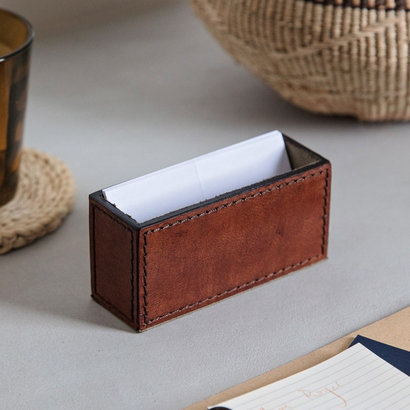 Timeless tan leather business card holder for easy desktop storage. Personalise for a thoughtful gift to celebrate a new job.