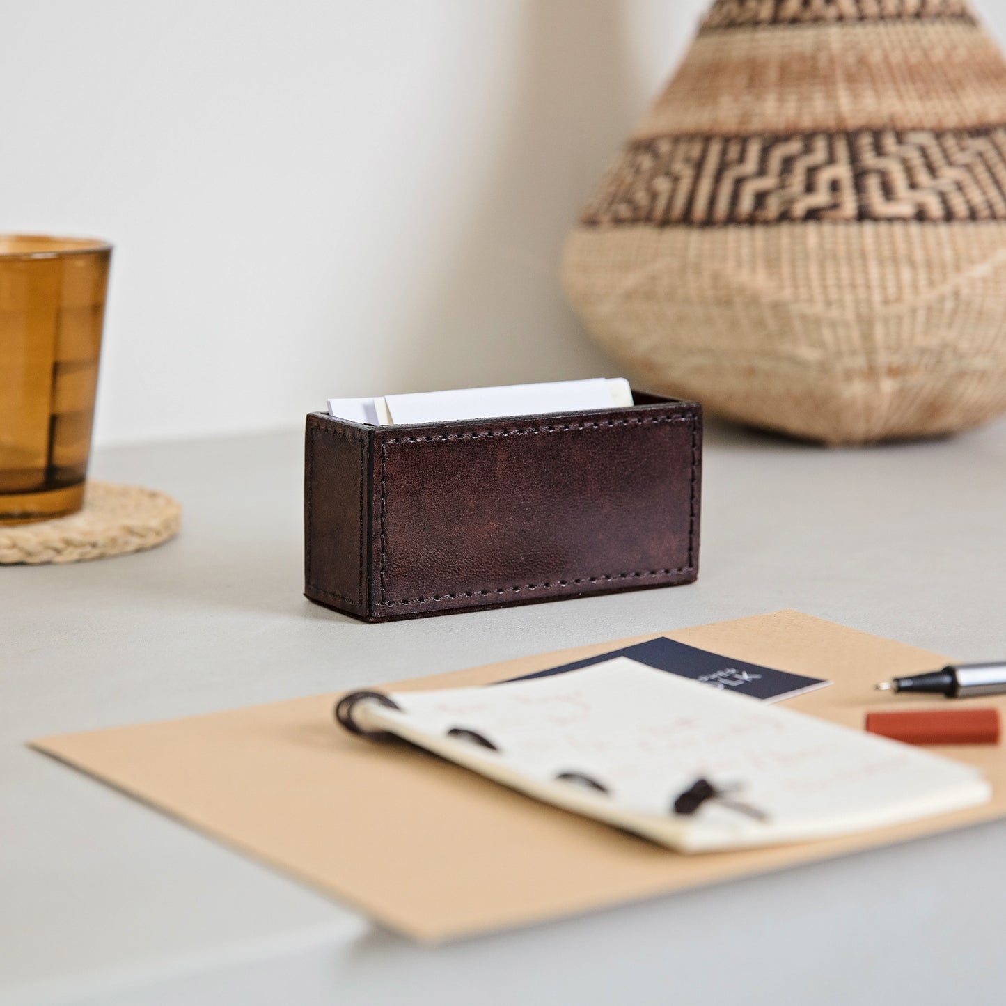 
                  
                    Timeless dark brown leather business card holder for easy desktop storage. Personalise for a thoughtful gift to celebrate a new job.
                  
                