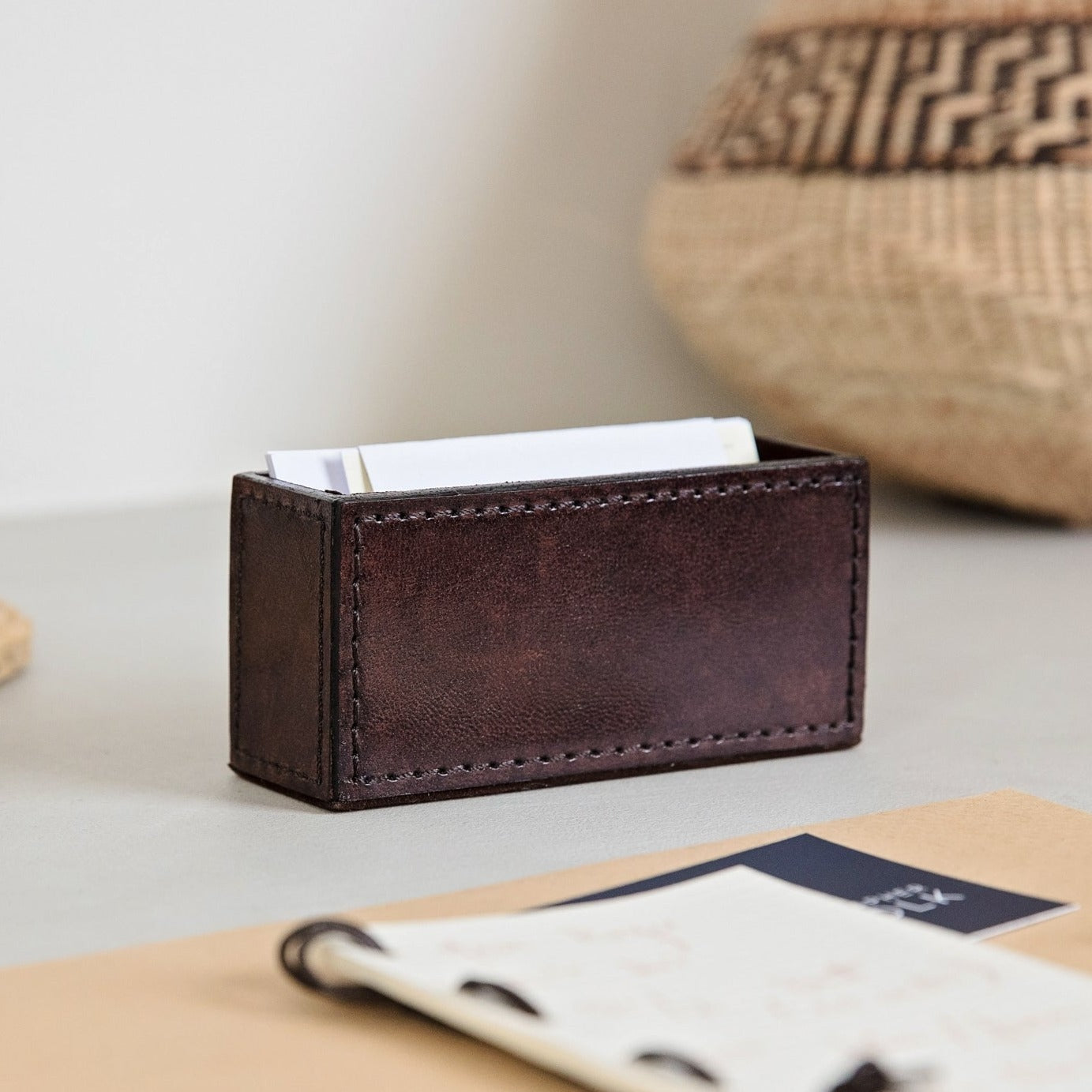 Timeless dark brown leather business card holder for easy desktop storage. Personalise for a thoughtful gift to celebrate a new job.