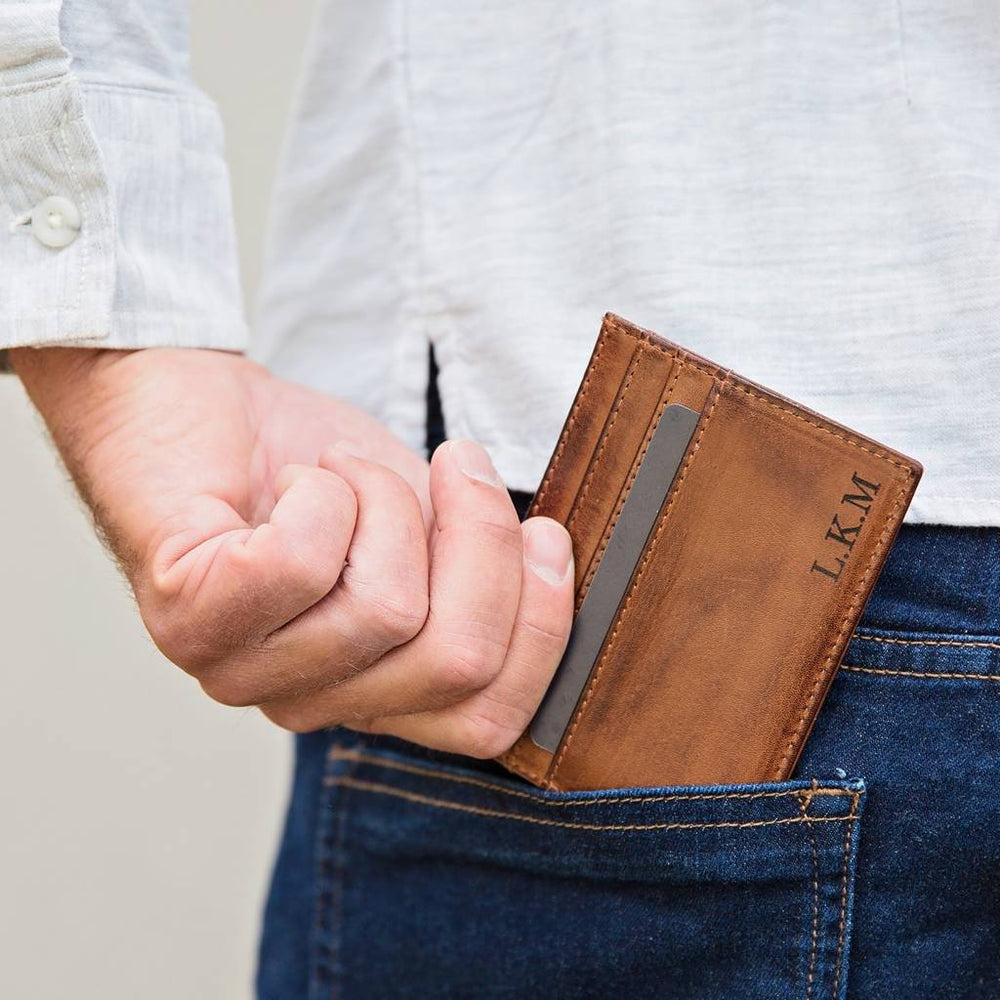 
                  
                    Soft tan leather RFID credit card holder. Personalise as a thoughtful gift for a 3rd wedding anniversary, or a first Father’s Day gift.
                  
                