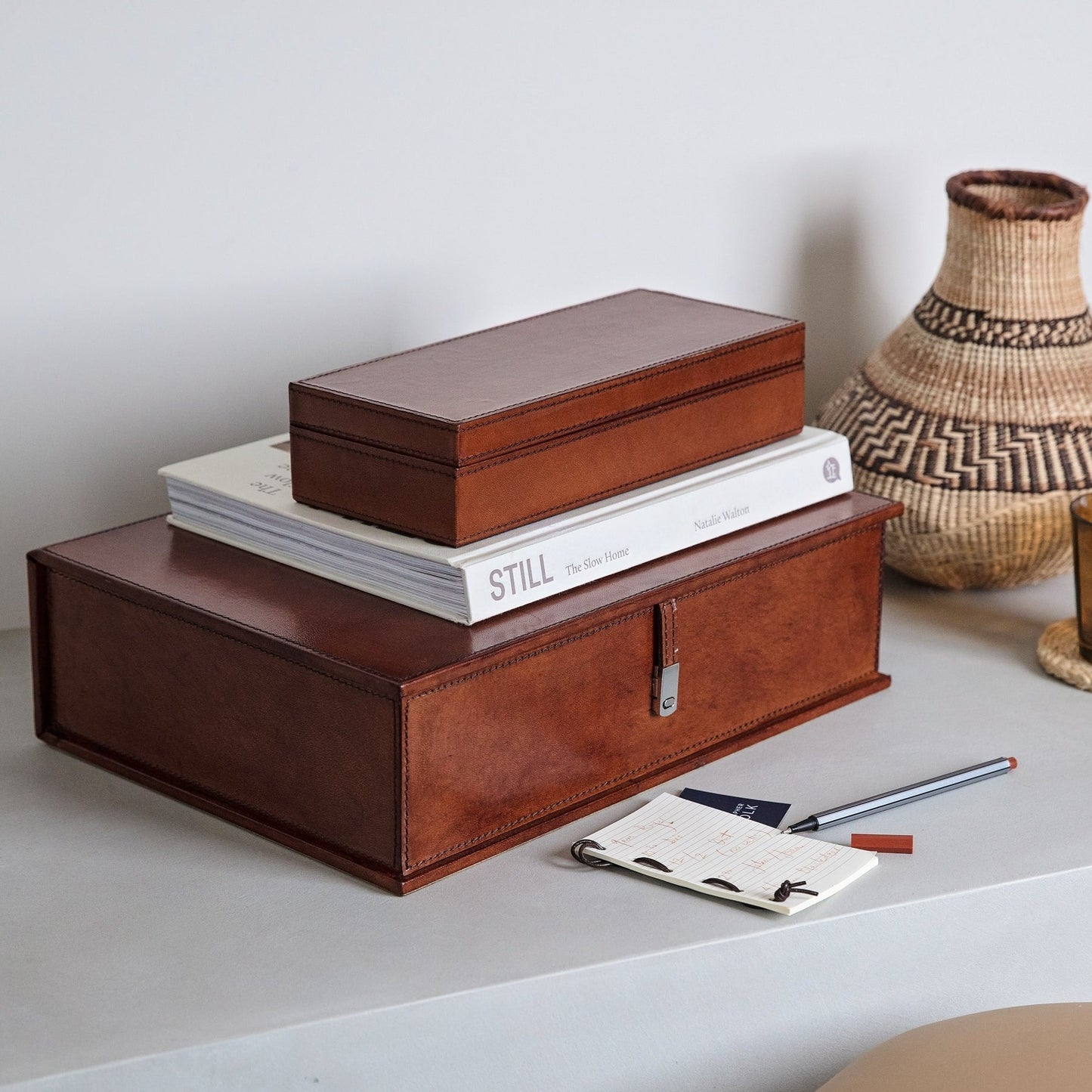 A stylish gift for a new home or 3rd wedding anniversary, this duo of leather boxes includes a box file and small rectangular desk tidy box, perfect for pens, glasses and accessories. Personalise to create a thoughtful gift for him or her.