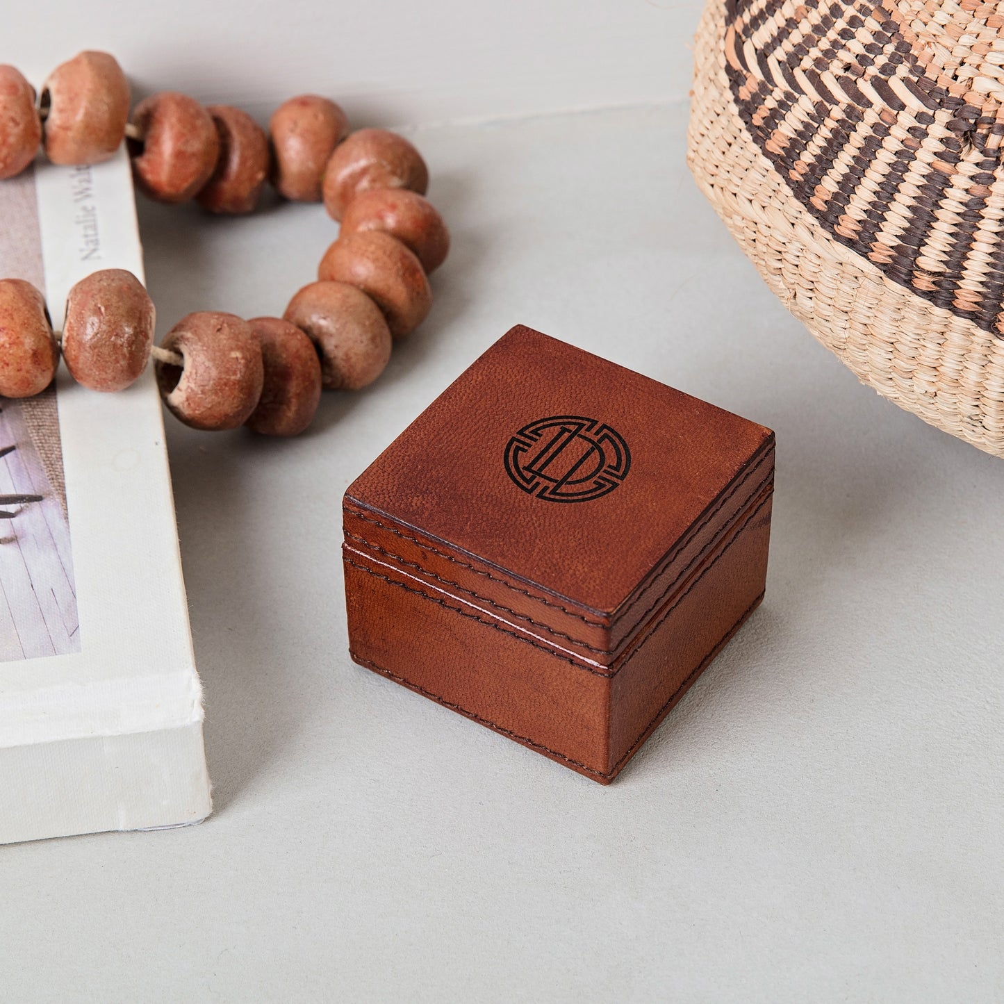 Small square monogram leather cufflink box, can be personalised with initials as a timeless gift for a 21st birthday gift or as a best man gift.