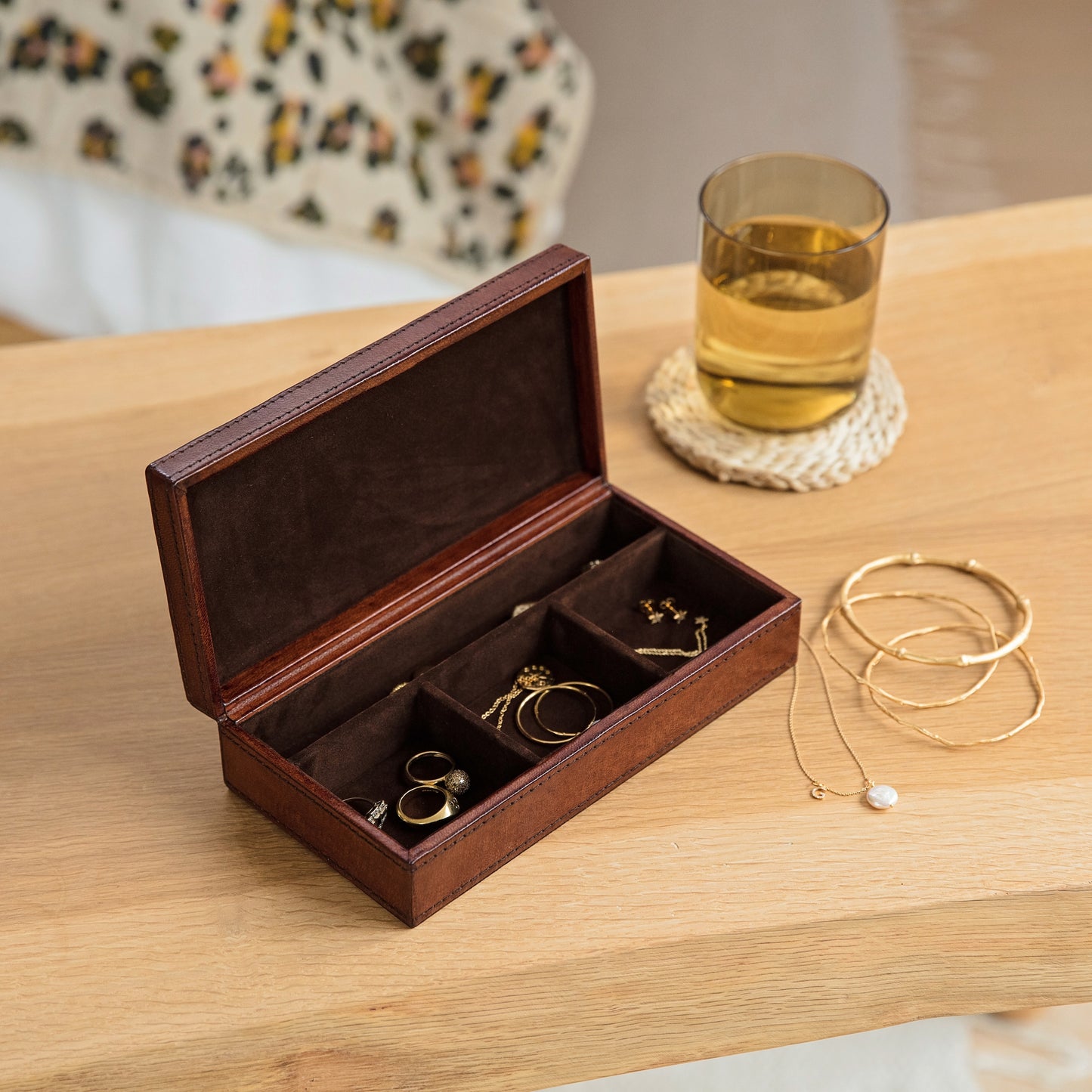 Rectangular tan leather jewellery box with four suede lined compartments to store rings, necklaces and bracelets. Personalise for a perfect wedding anniversary, birthday or Mother’s Day gift.