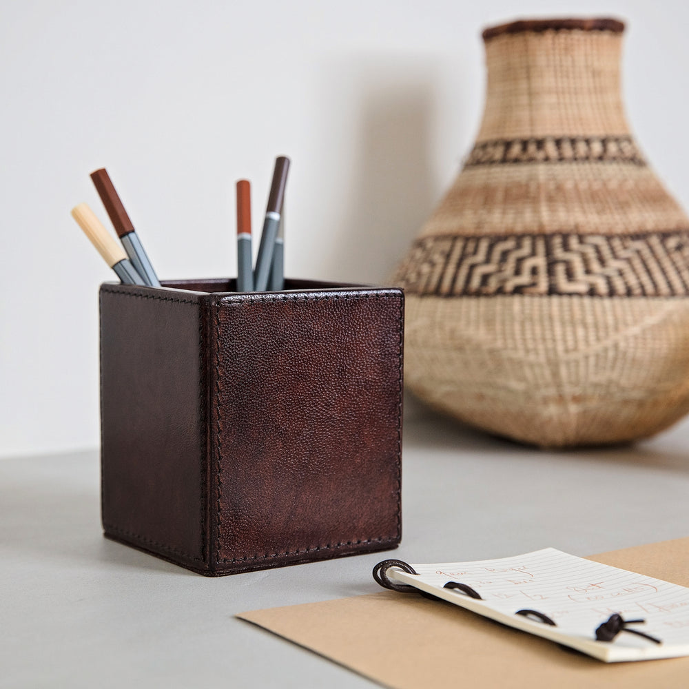 Elegant rectangular dark brown leather pen pot for easy desktop storage. Personalise for a thoughtful gift for the home, office or workplace.