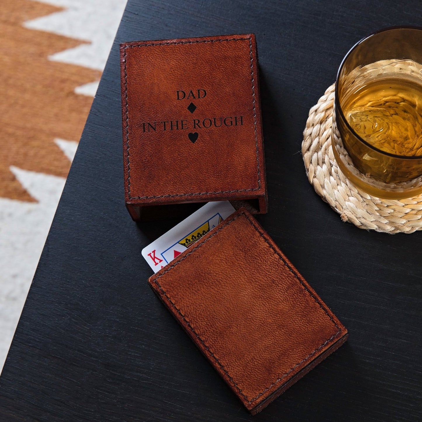 Playing card case made from tactile tan leather to hold a single deck of 52 cards. Personalise with a message or name inside and out for a thoughtful fathers day gift.