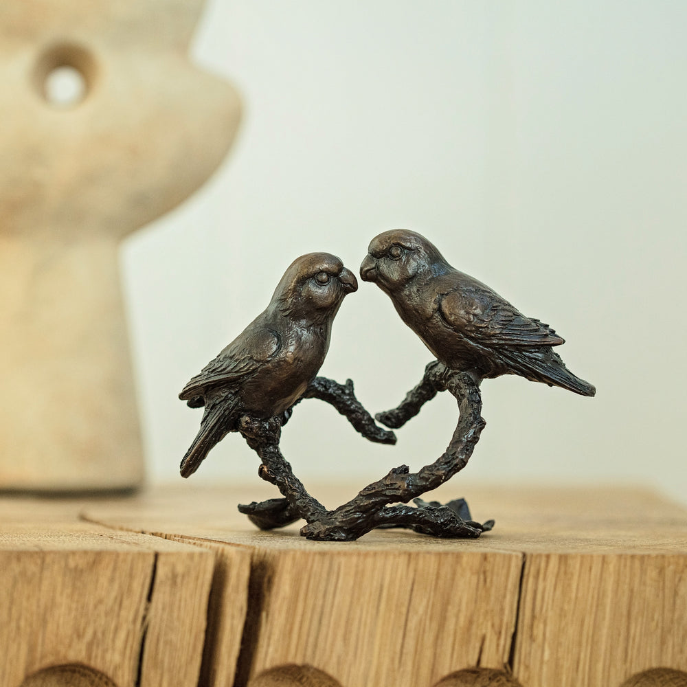 Solid bronze figurine of two lovebirds on a branch. Bronze anniversary gift for him or her.